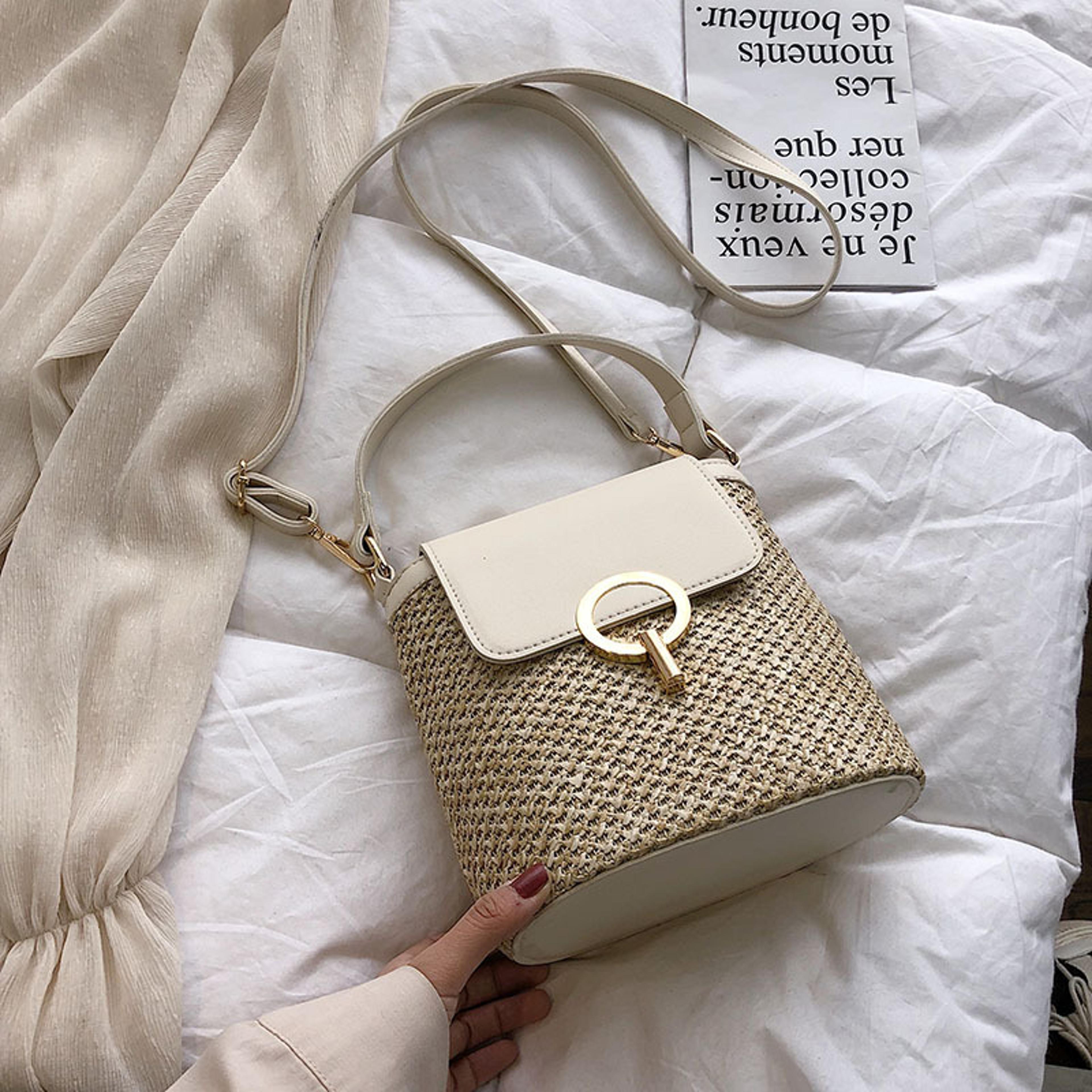 woven straw bucket bag with chain strap summer rattan shoulder bag