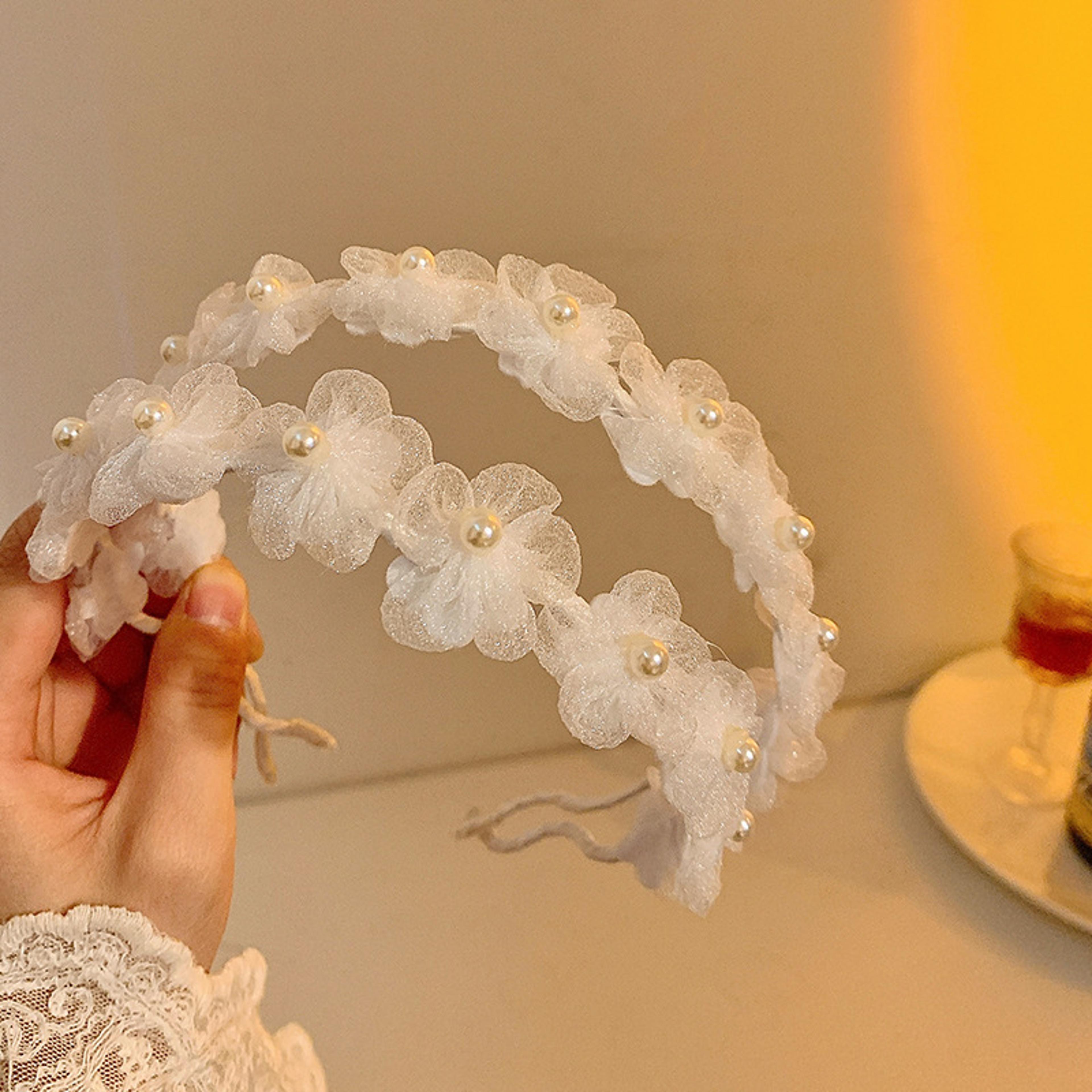 elegant pearl flower headband for bridal and fairy aesthetic hair styling