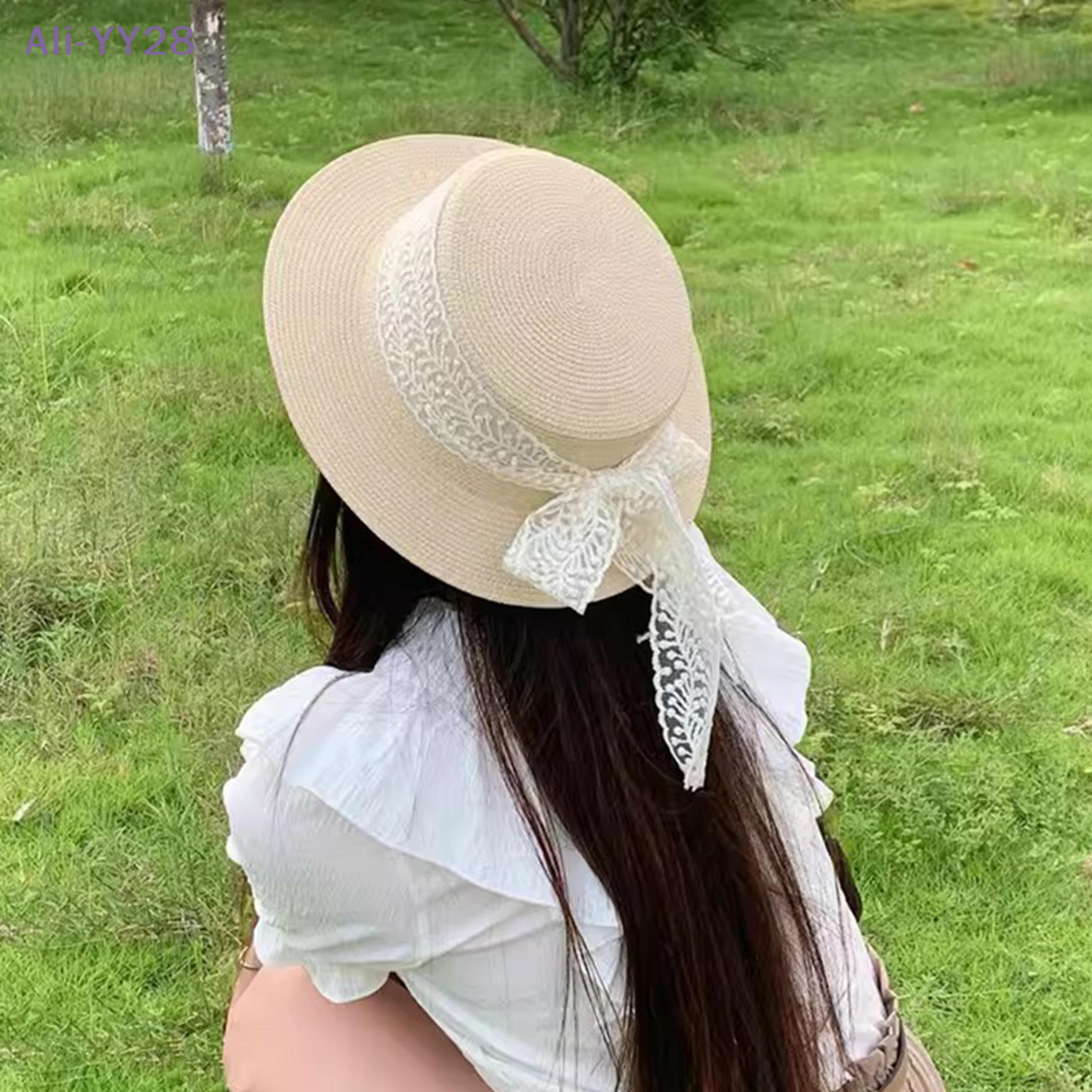 women lace bow straw hat wide brim sun protection summer beach cap