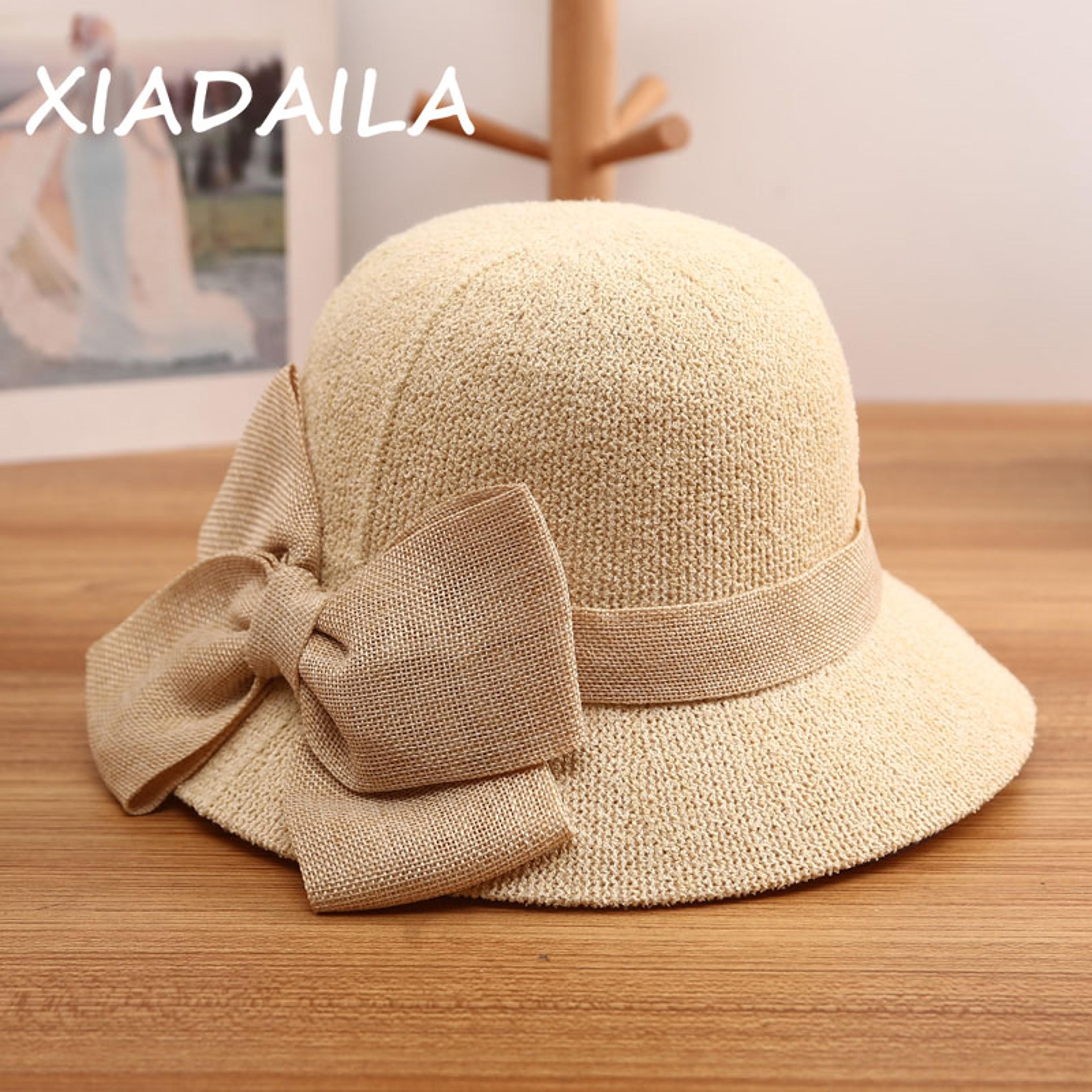 foldable straw bucket hat with bow for women and children