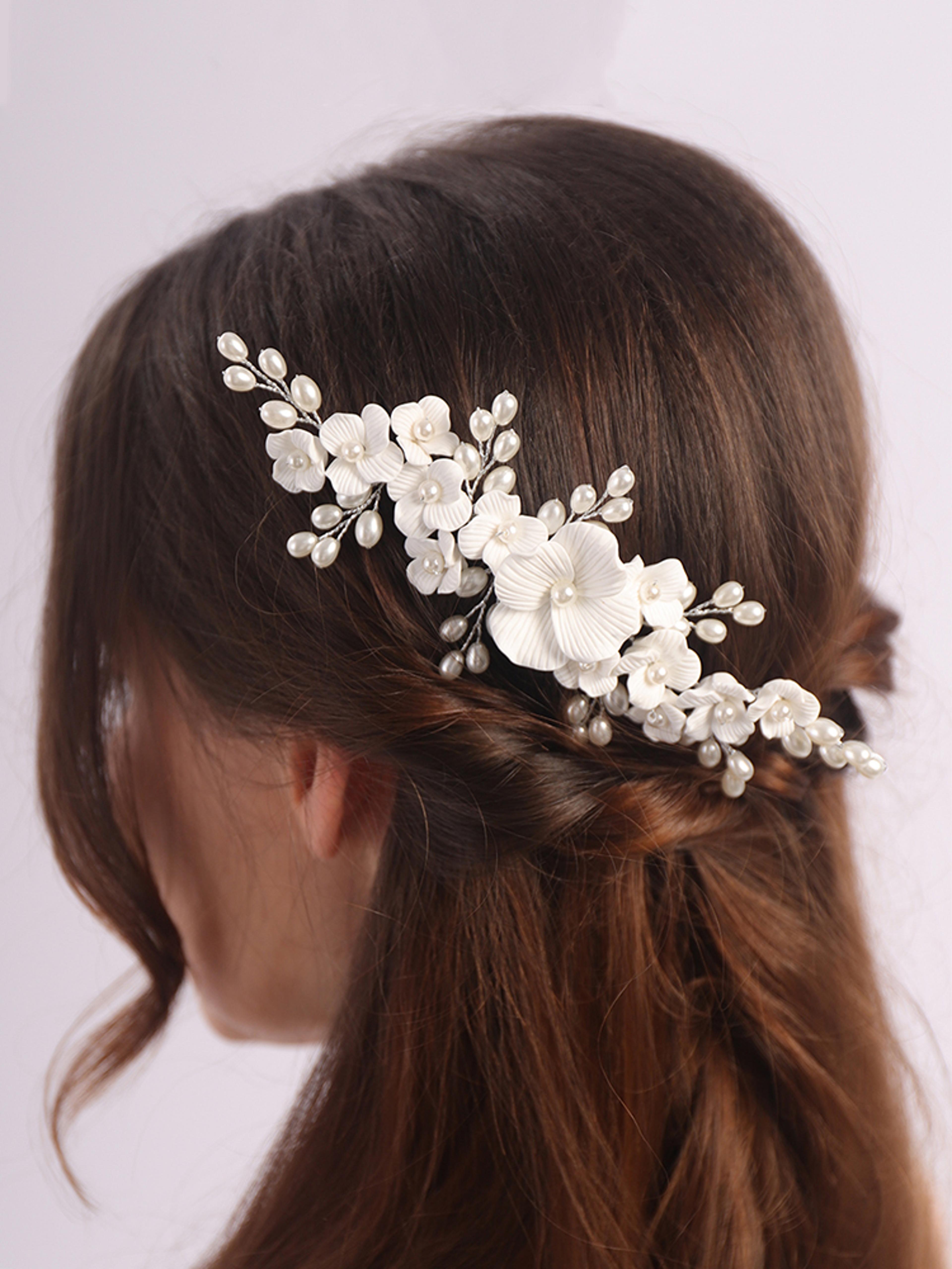 elegant silver flower pearl bridal hair comb handmade wedding headpiece