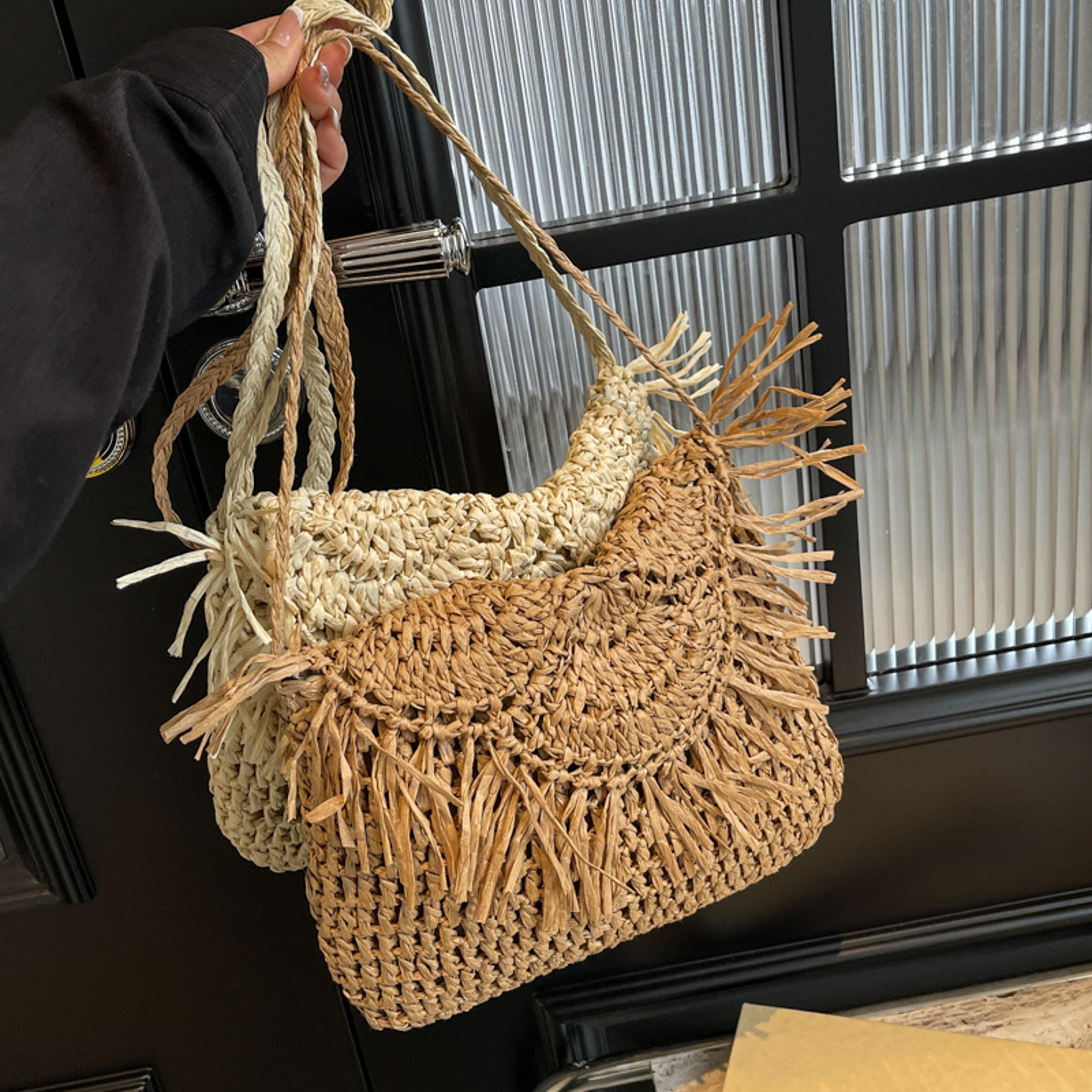 boho chic straw crossbody bag woven rattan envelope handbag with tassels
