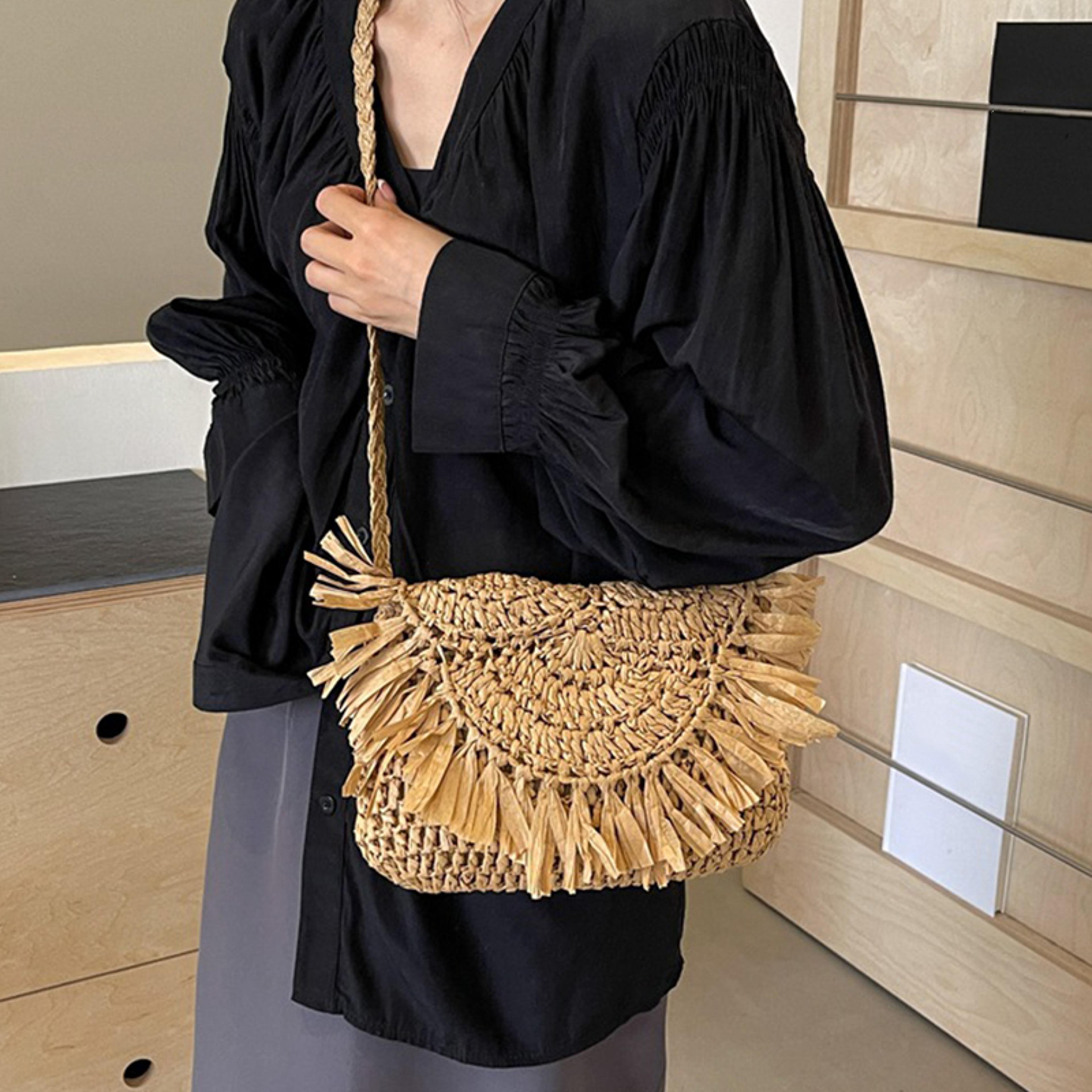 handmade straw tassel crossbody bag vintage boho shoulder purse for summer beach travel