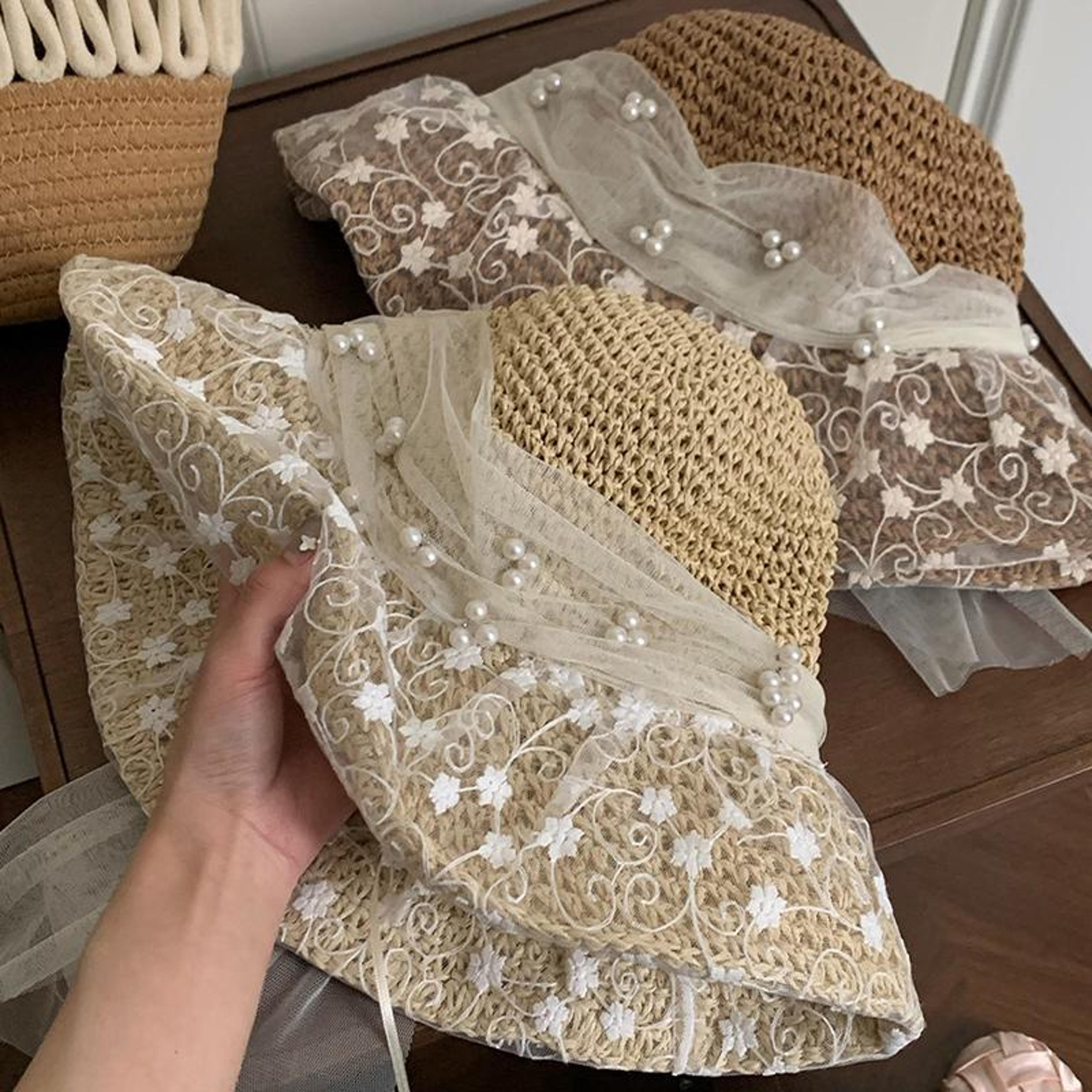 elegant lace bow straw sun hat for women foldable summer travel hat