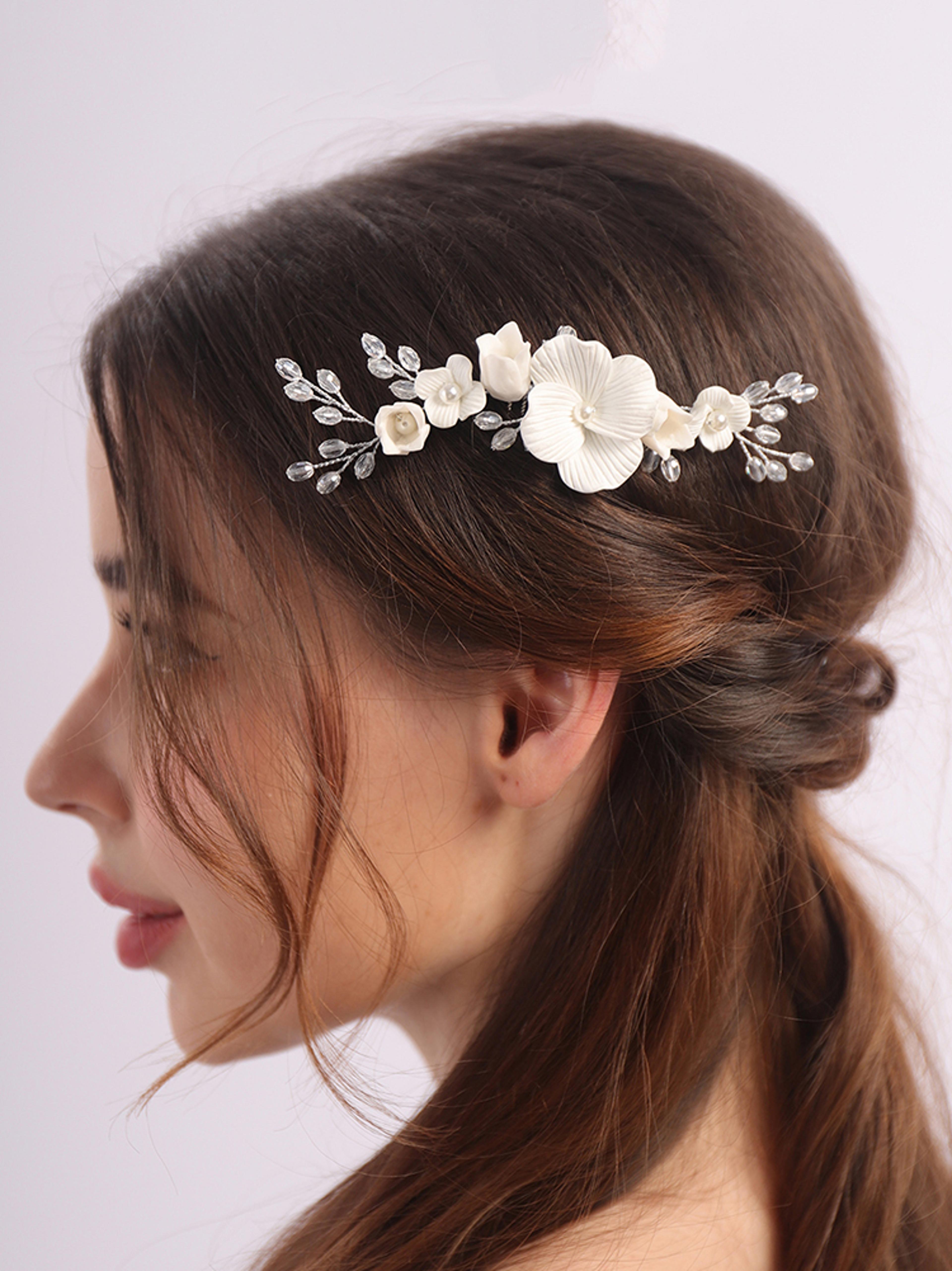silver floral crystal pearl bridal hair comb wedding headpiece