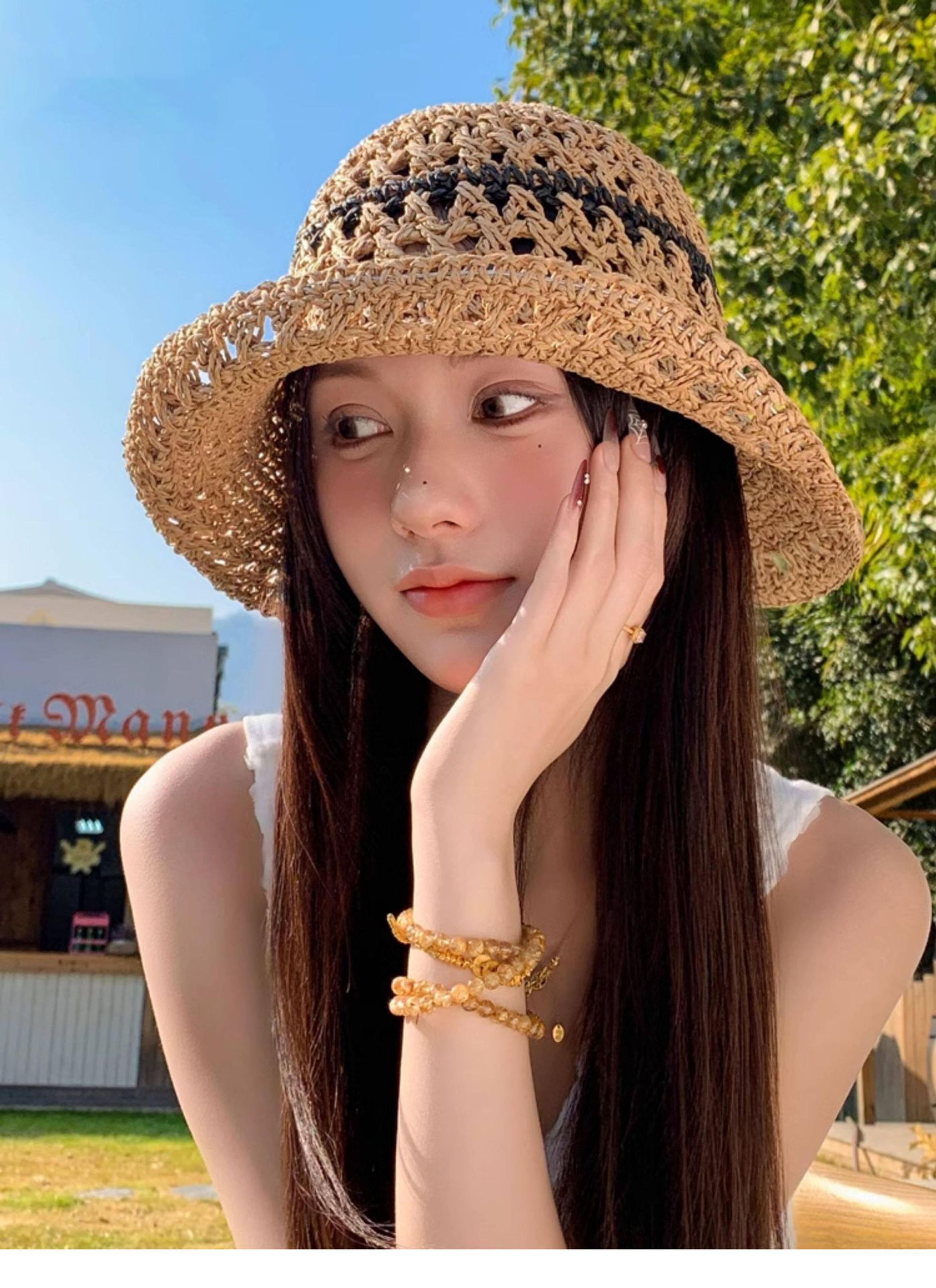 striped openwork knitted straw bucket hat breathable summer beach hat for women lightweight packable travel accessory