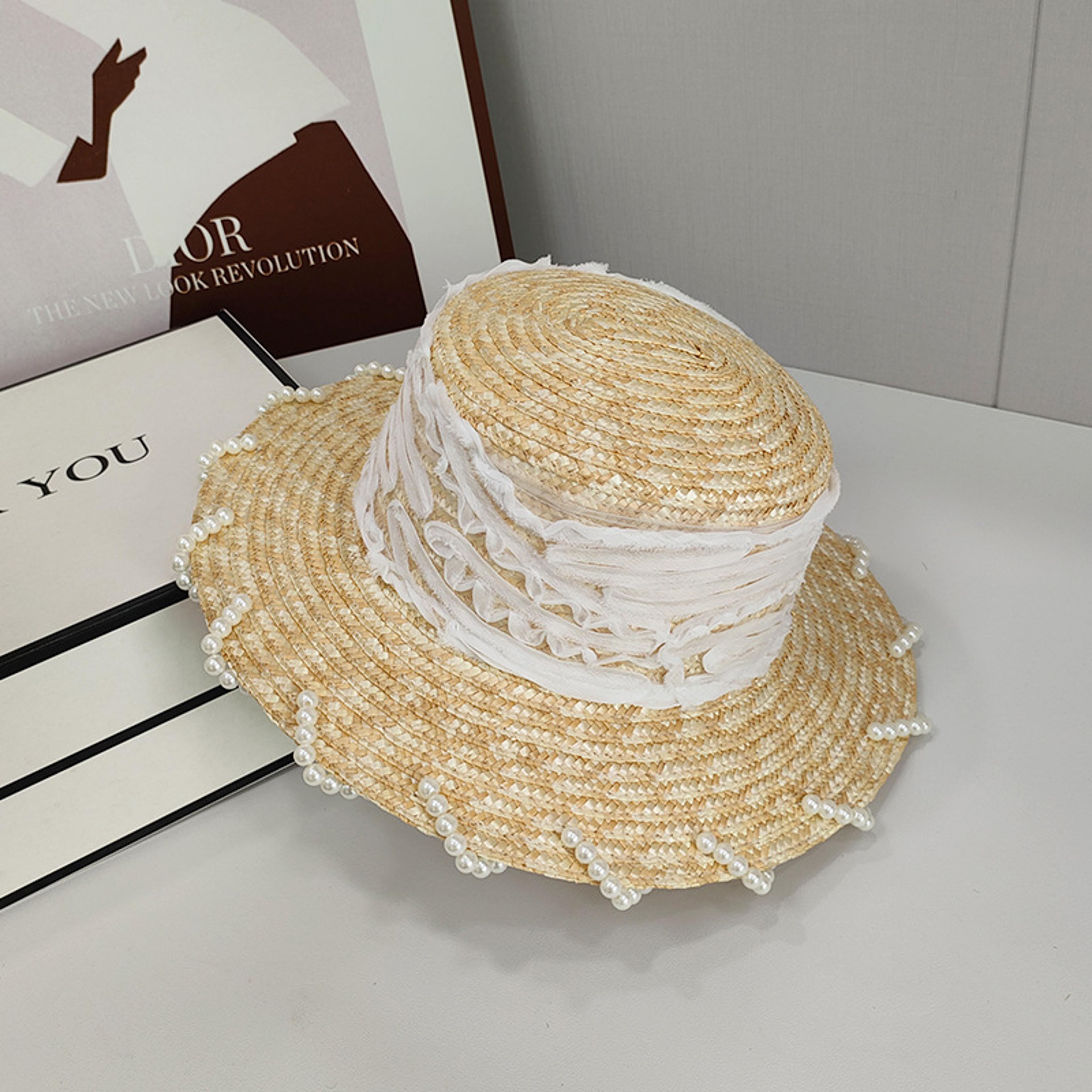 chic pearl embellished straw sun hat – elegant wide brim beach hat & summer vacation fedora