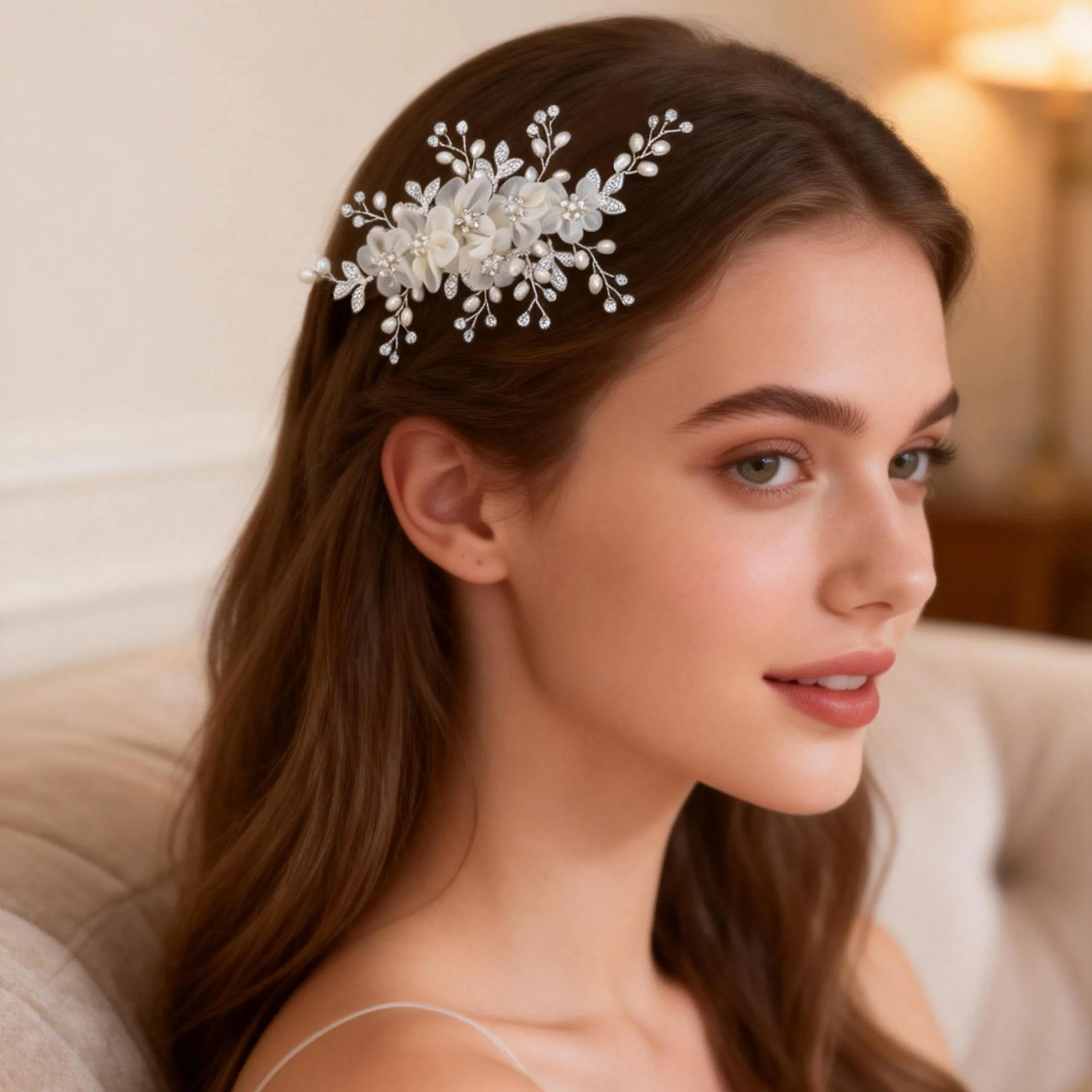 elegant floral bridal hair comb with rhinestones and pearls