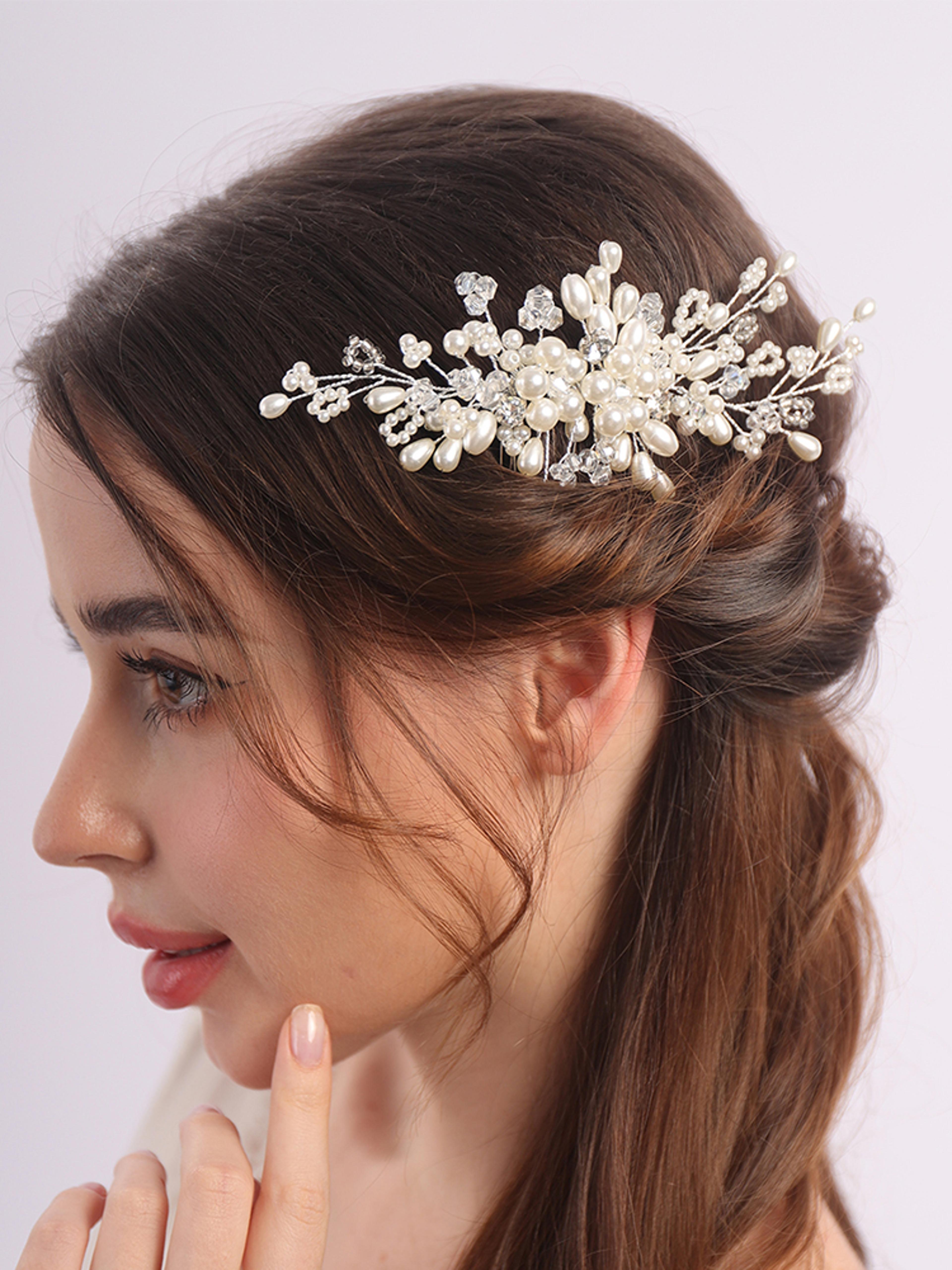 handmade pearl and crystal bridal hair comb silver rhinestone wedding hair piece for brides and bridesmaids