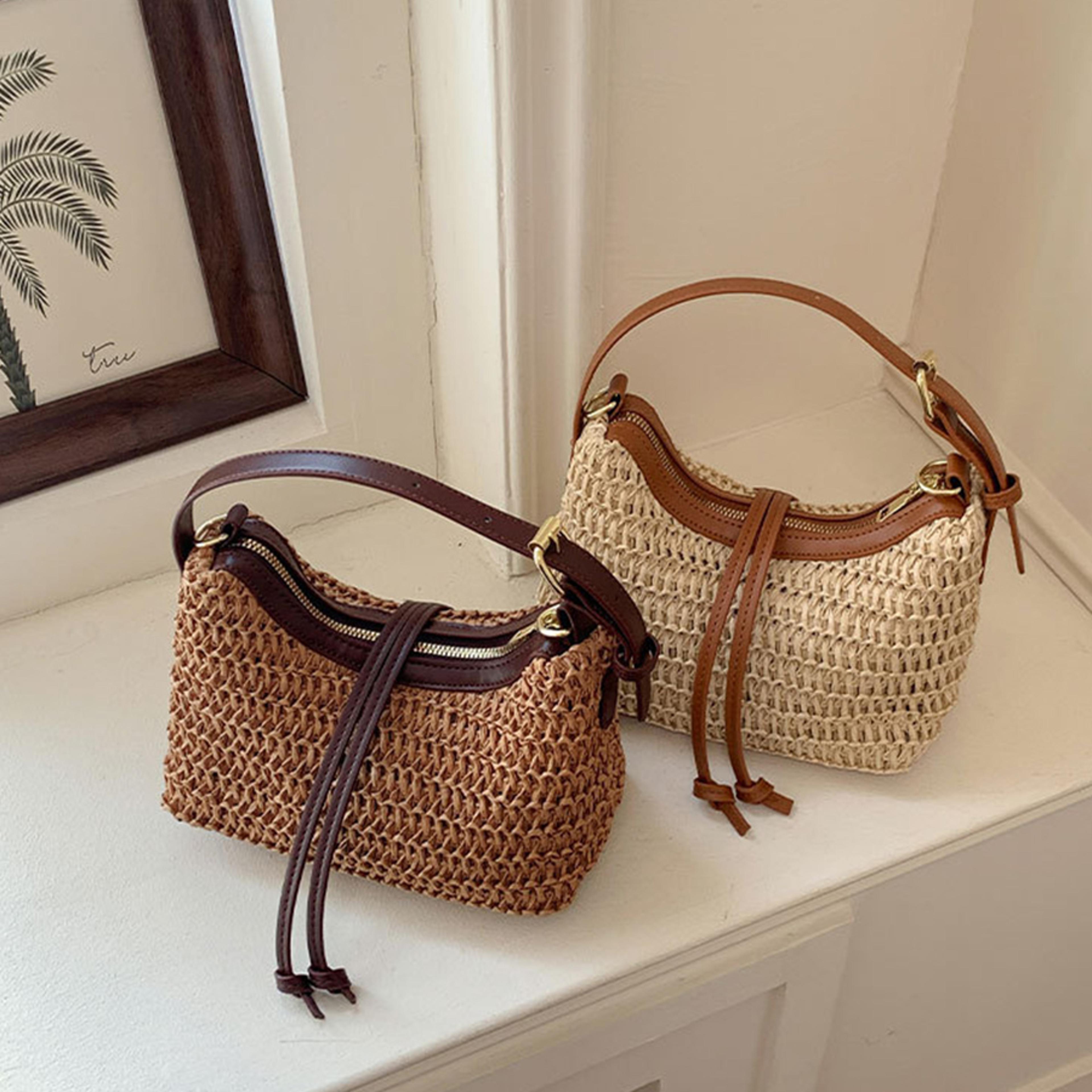 bohemian half moon straw crossbody bag woven rattan summer purse
