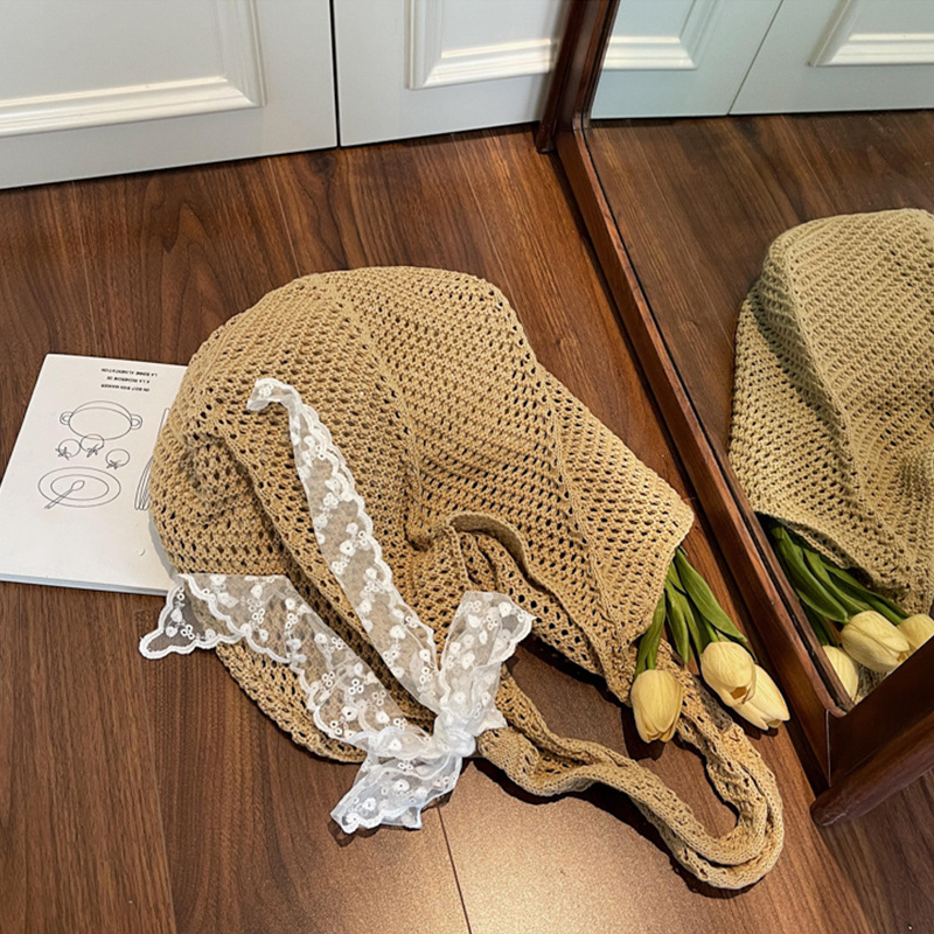 women knitted lace bow shoulder bag: large capacity aesthetic hobo bag & crochet mesh handbag