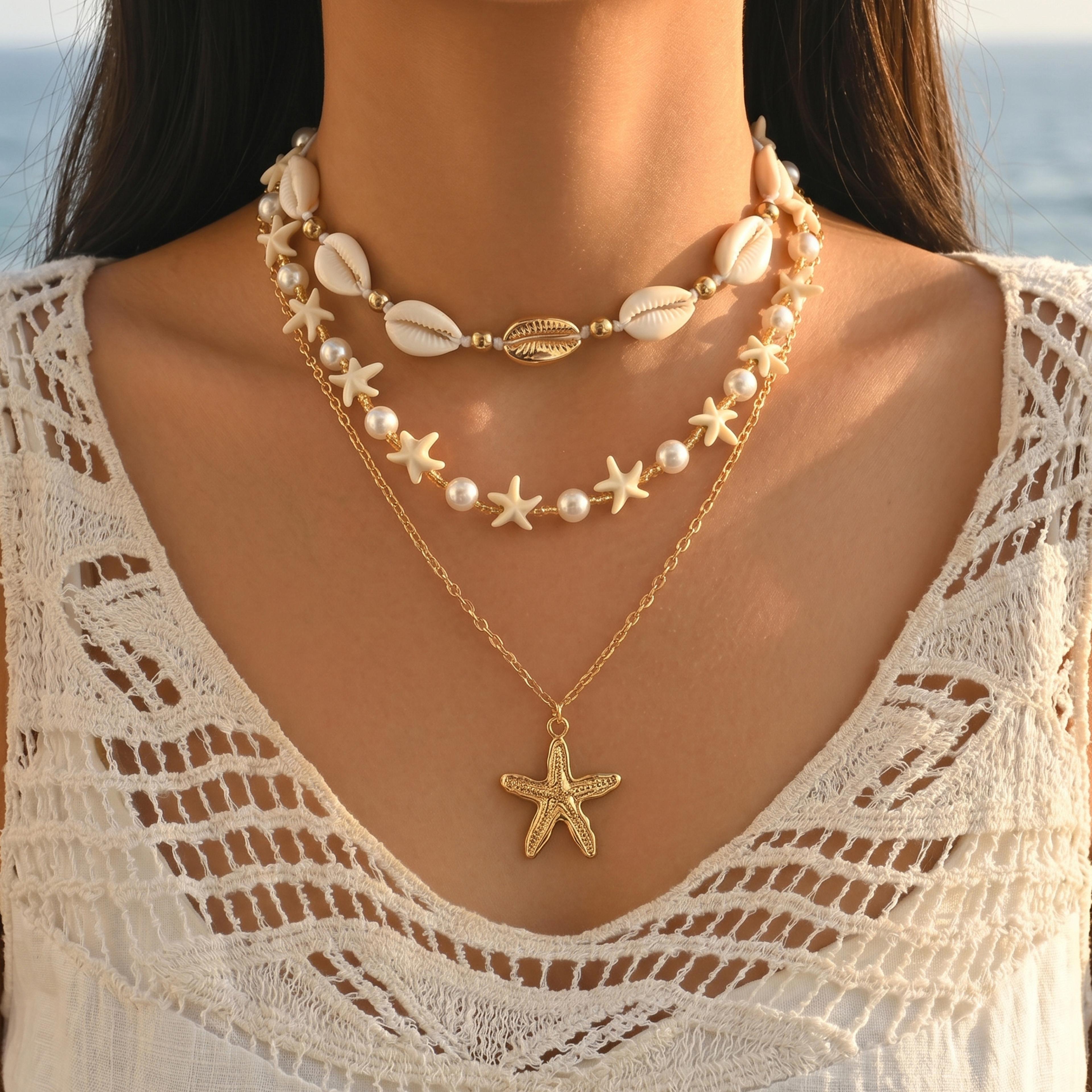 layered cowrie shell starfish imitate pearl necklace boho summer beach vacation daily jewelry