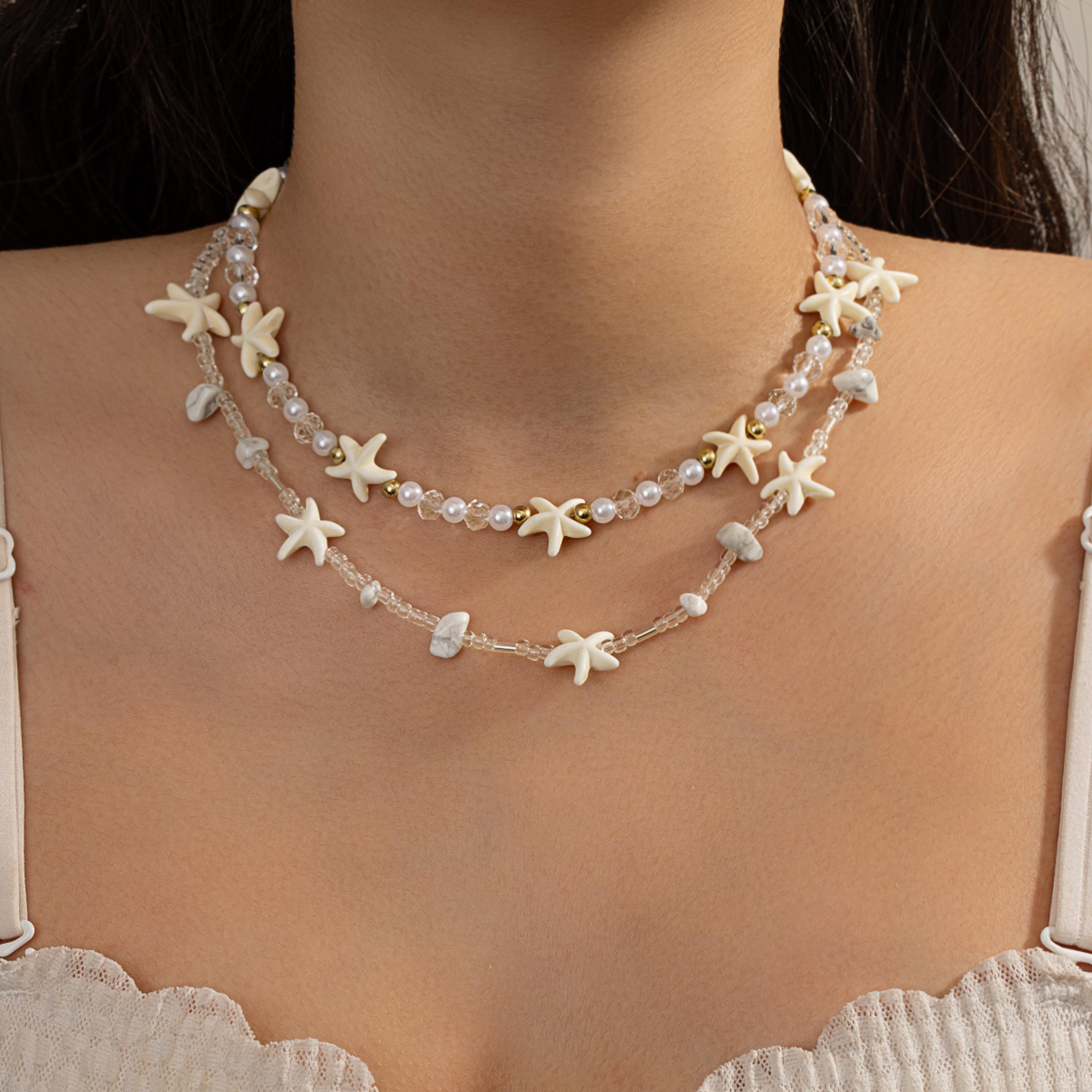 double-layer starfish necklace and pearl beaded choker – seaside vacation style gold chain