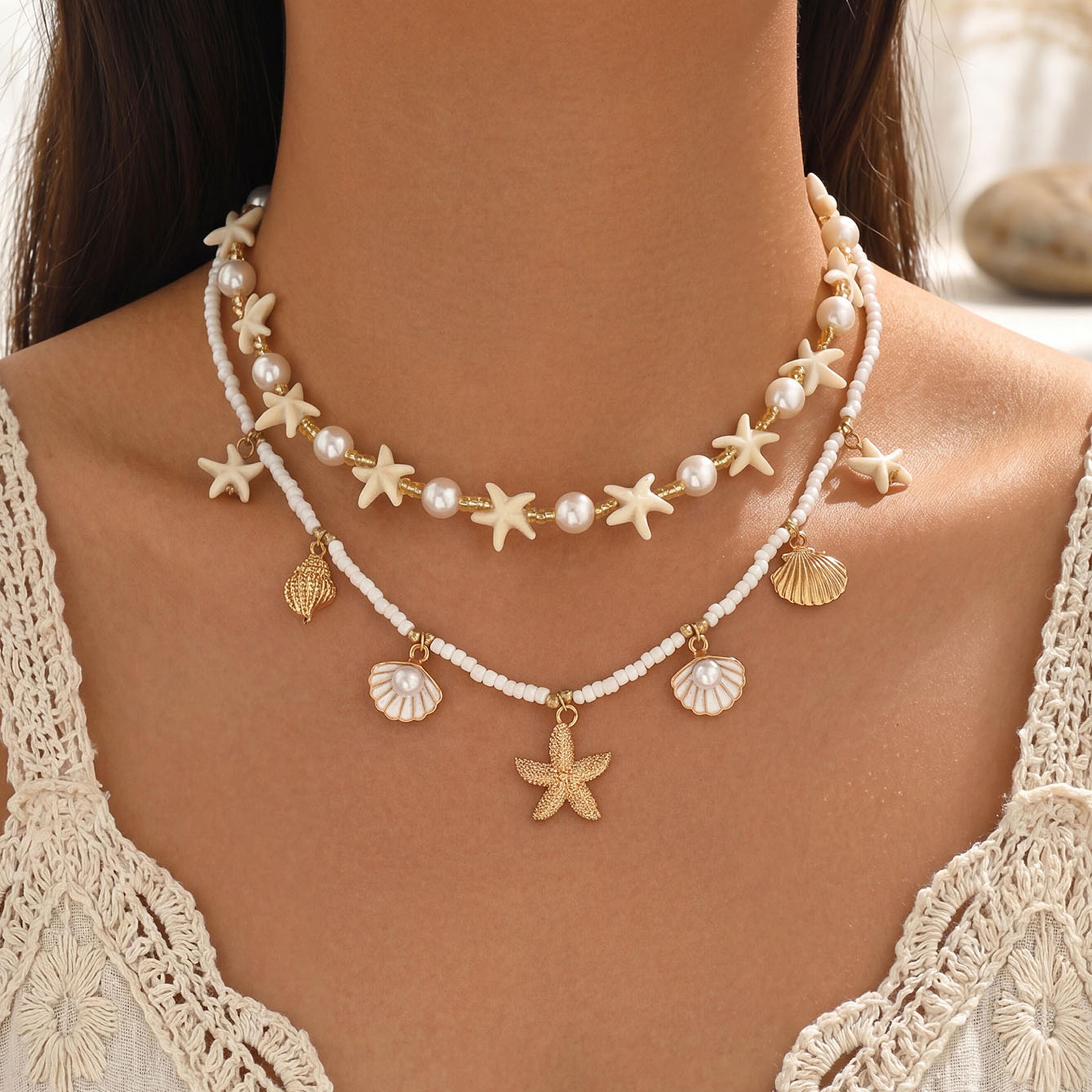layered shell necklace with starfish pendant and summer beaded choker for women