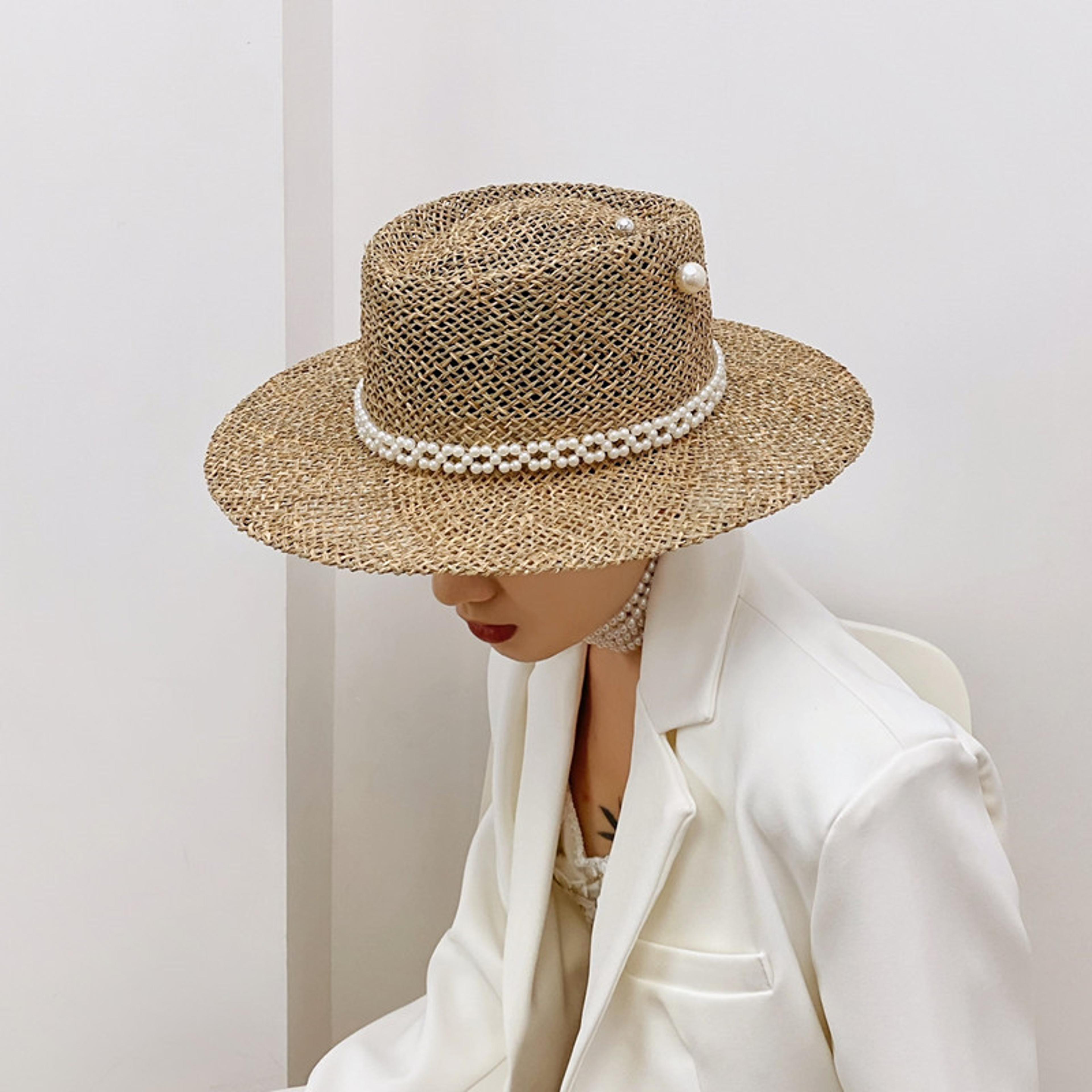 elegant pearl chain wide brim straw sun hat for women – chic travel panama hat for summer beach and vacation