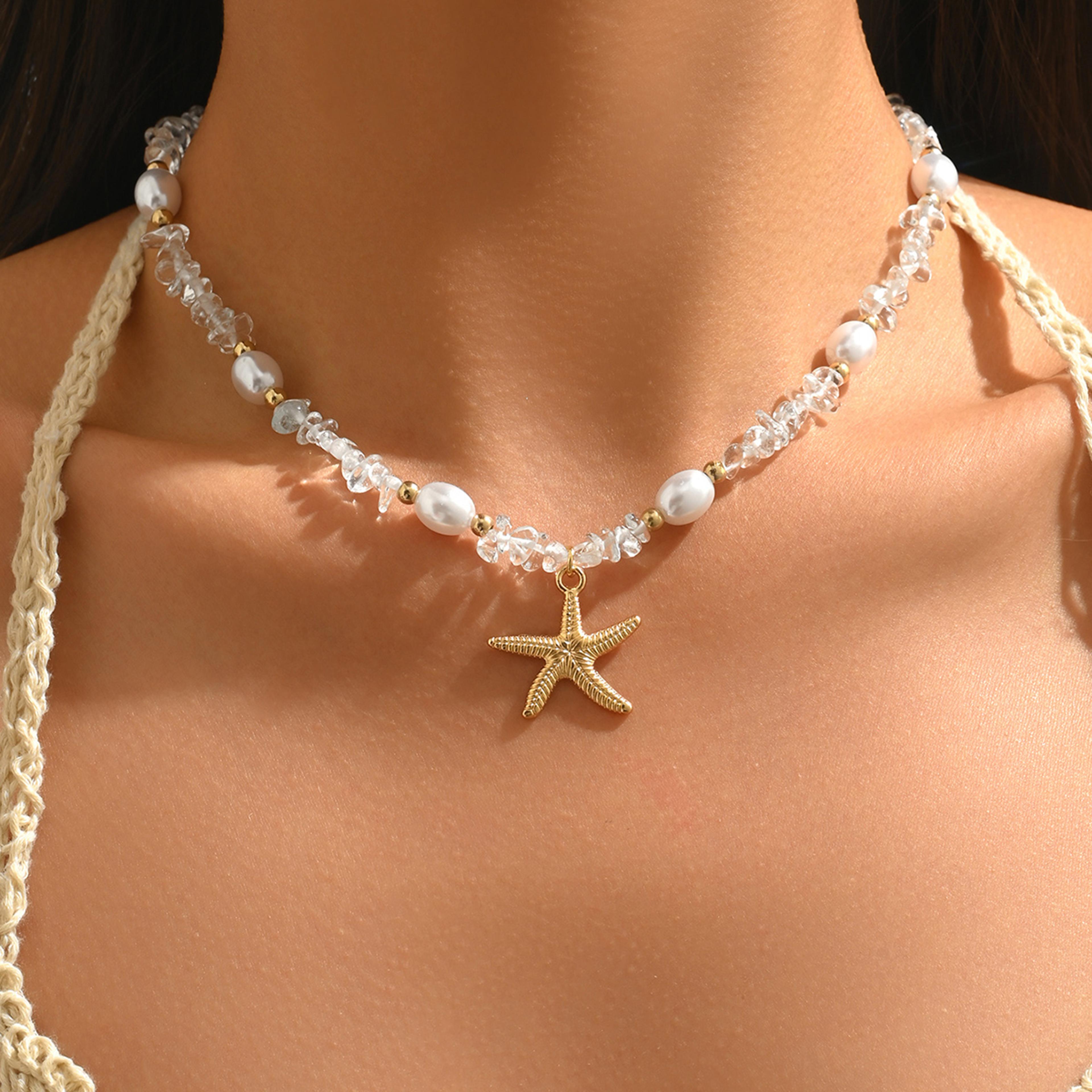 layered starfish necklace with faux pearl and gold beads boho beach jewelry for women