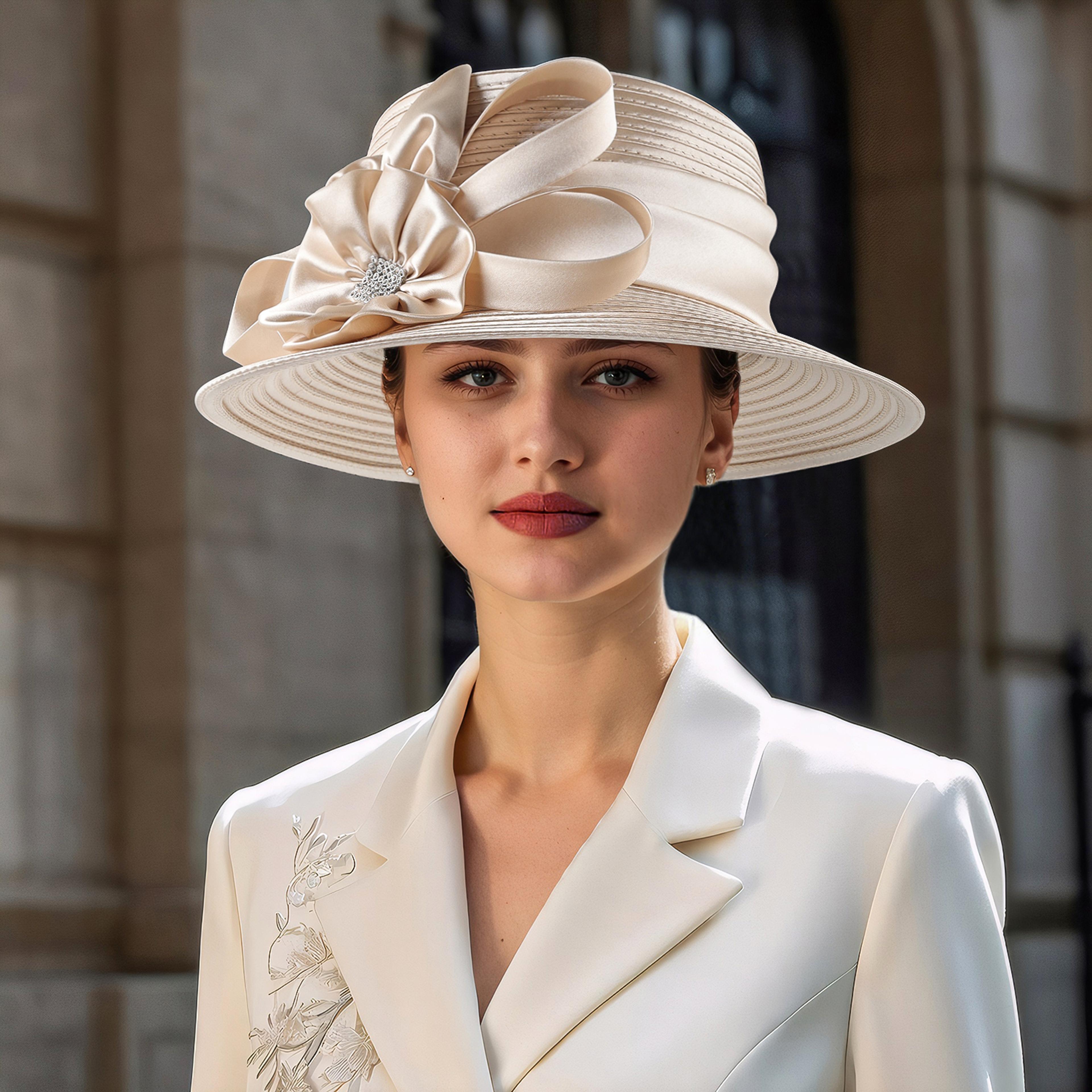 deluxe champagne satin flower fascinator hat for weddings and formal church events