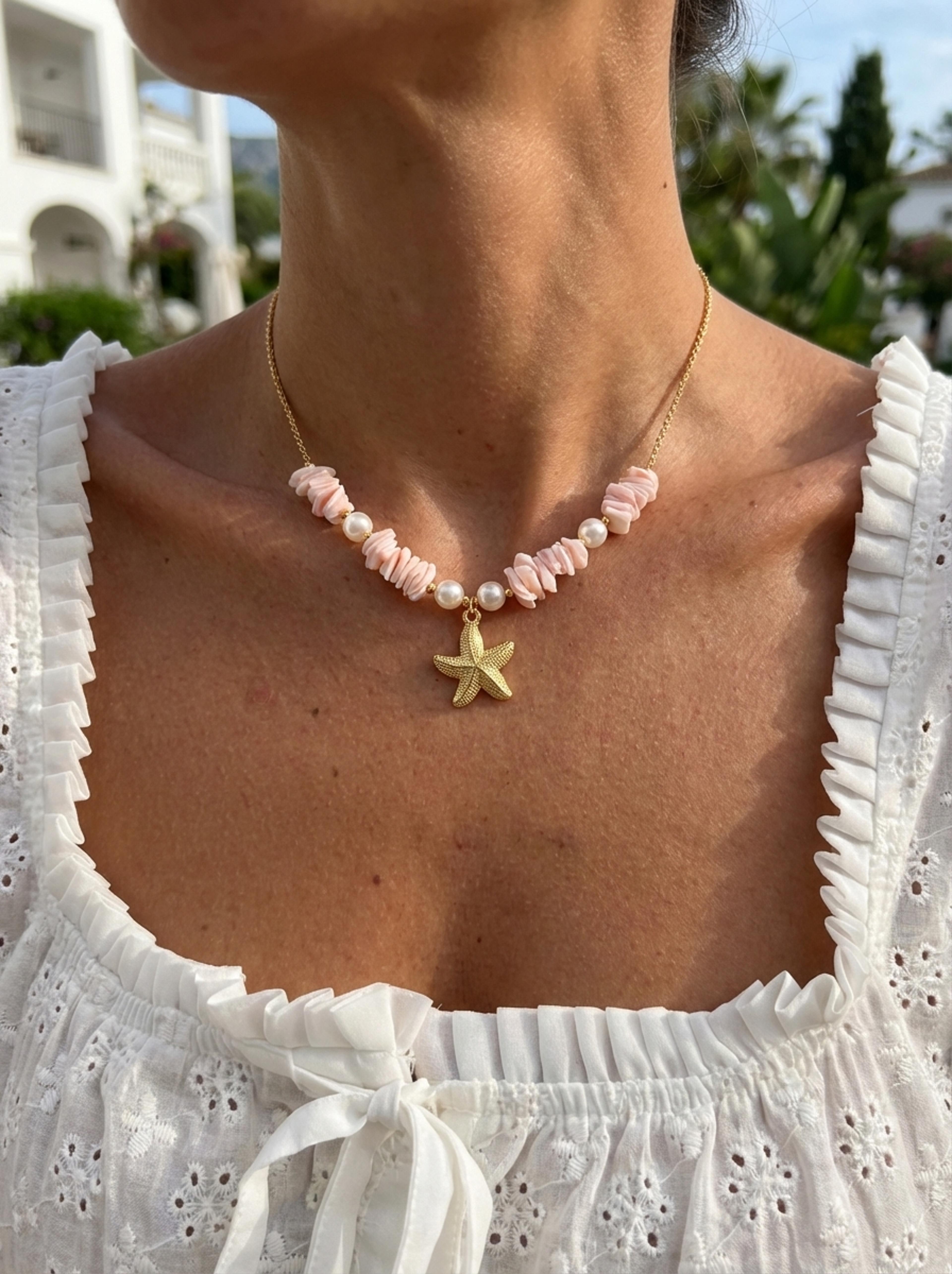 boho shell necklace with starfish pendant and crushed stone – summer beach jewelry for women