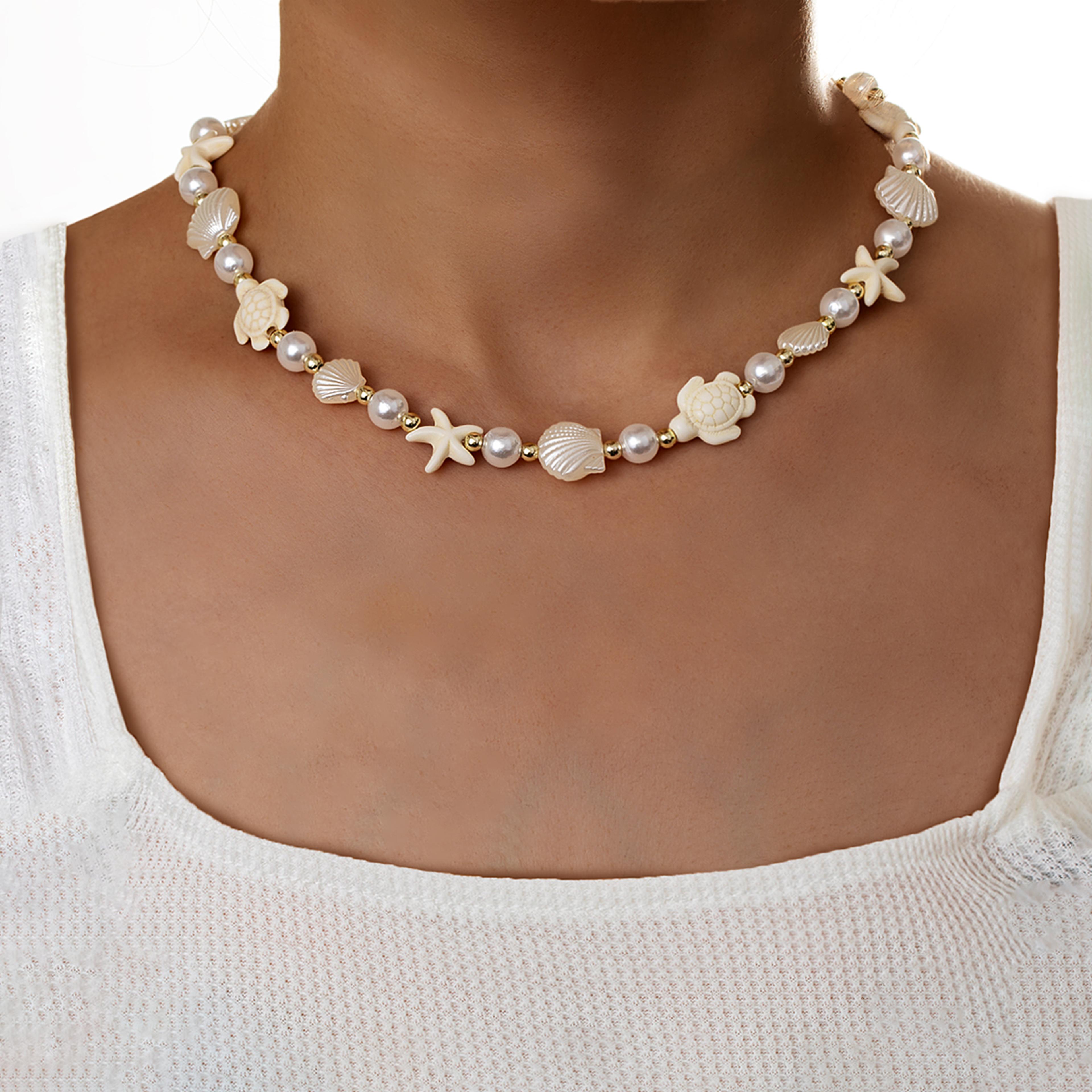 turquoise starfish shell necklace with imitation pearls for beach style