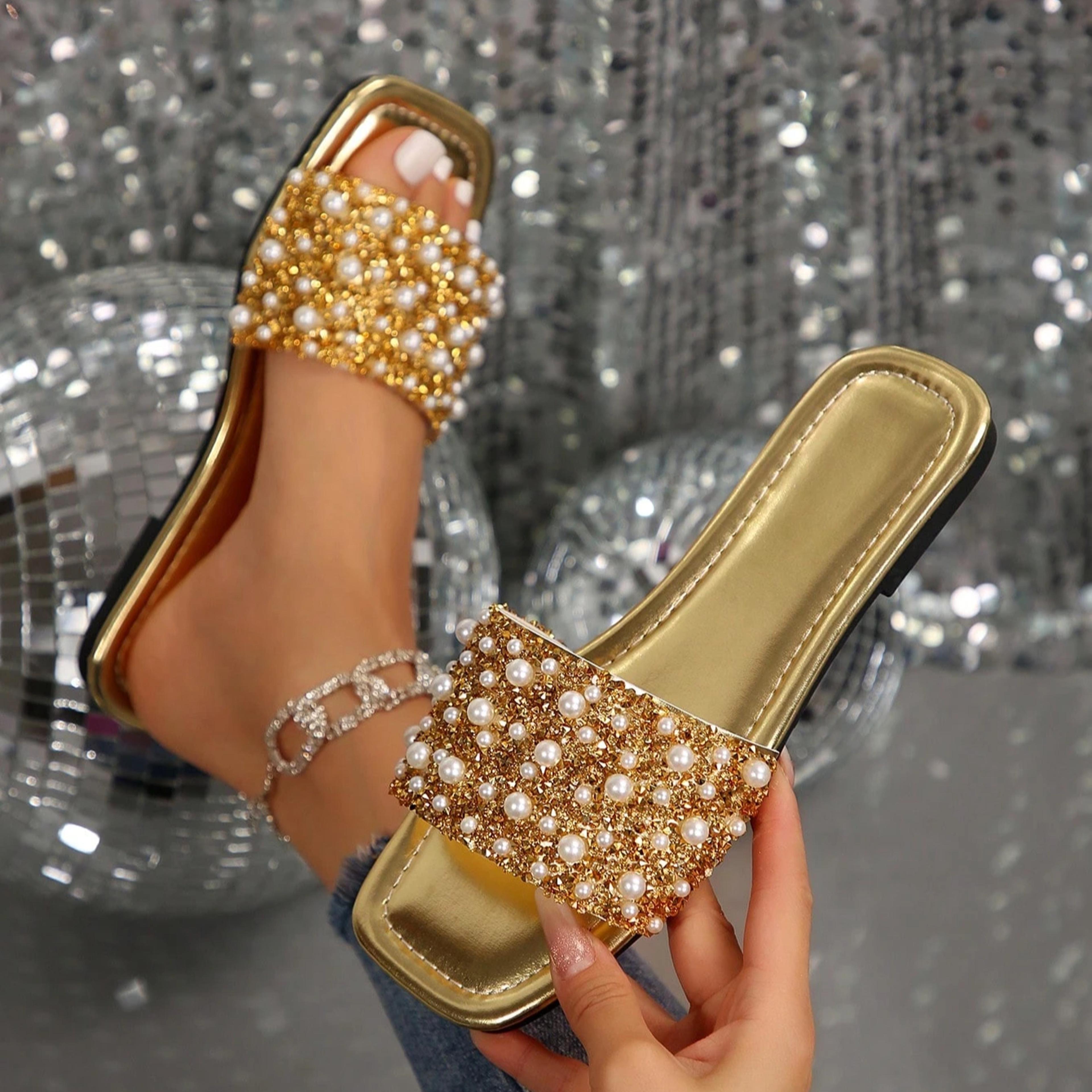 women rhinestone flat sandals: comfortable crystal summer slides and beach shoes