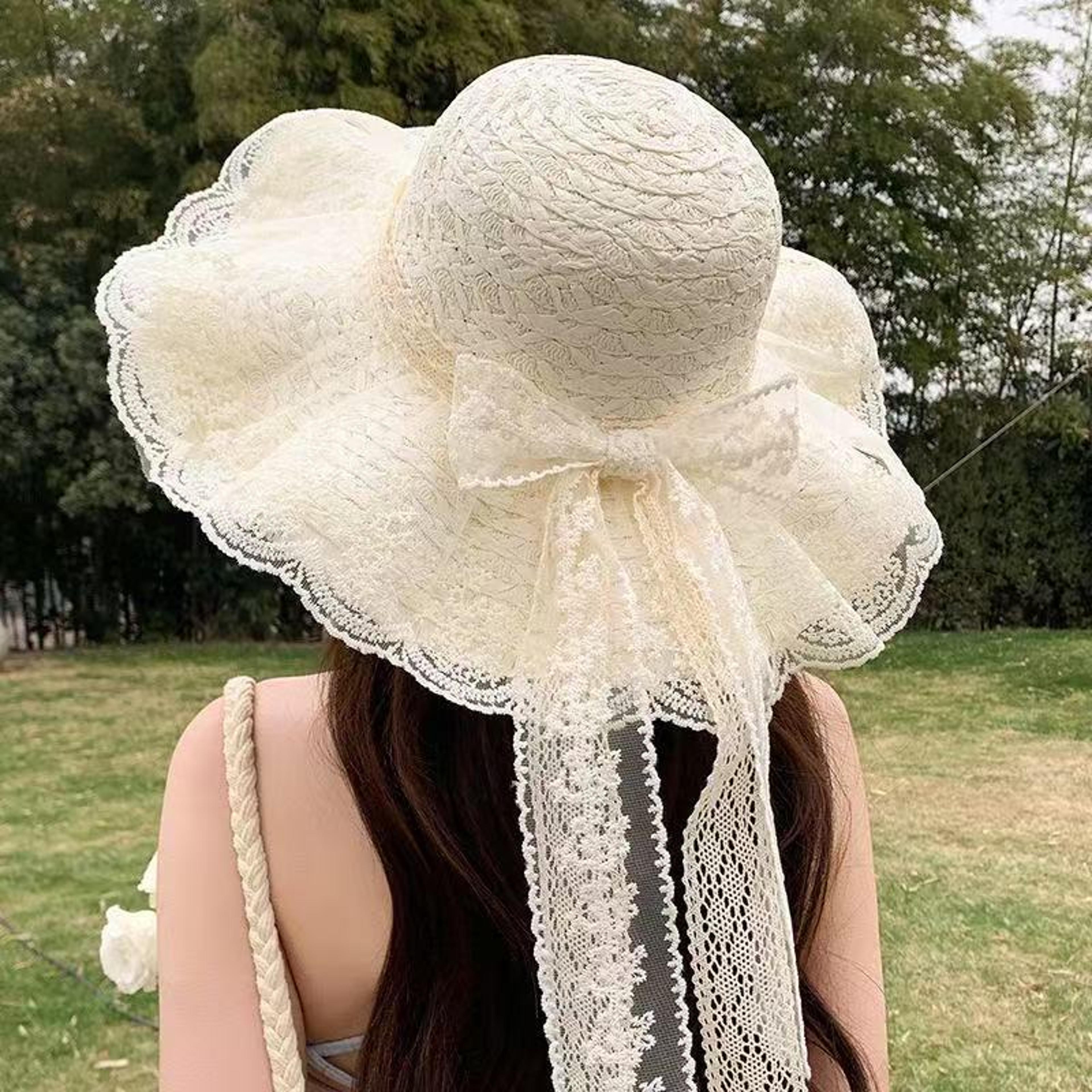 elegant lace bow straw sun hat for women – wide brim packable beach hat for summer vacation