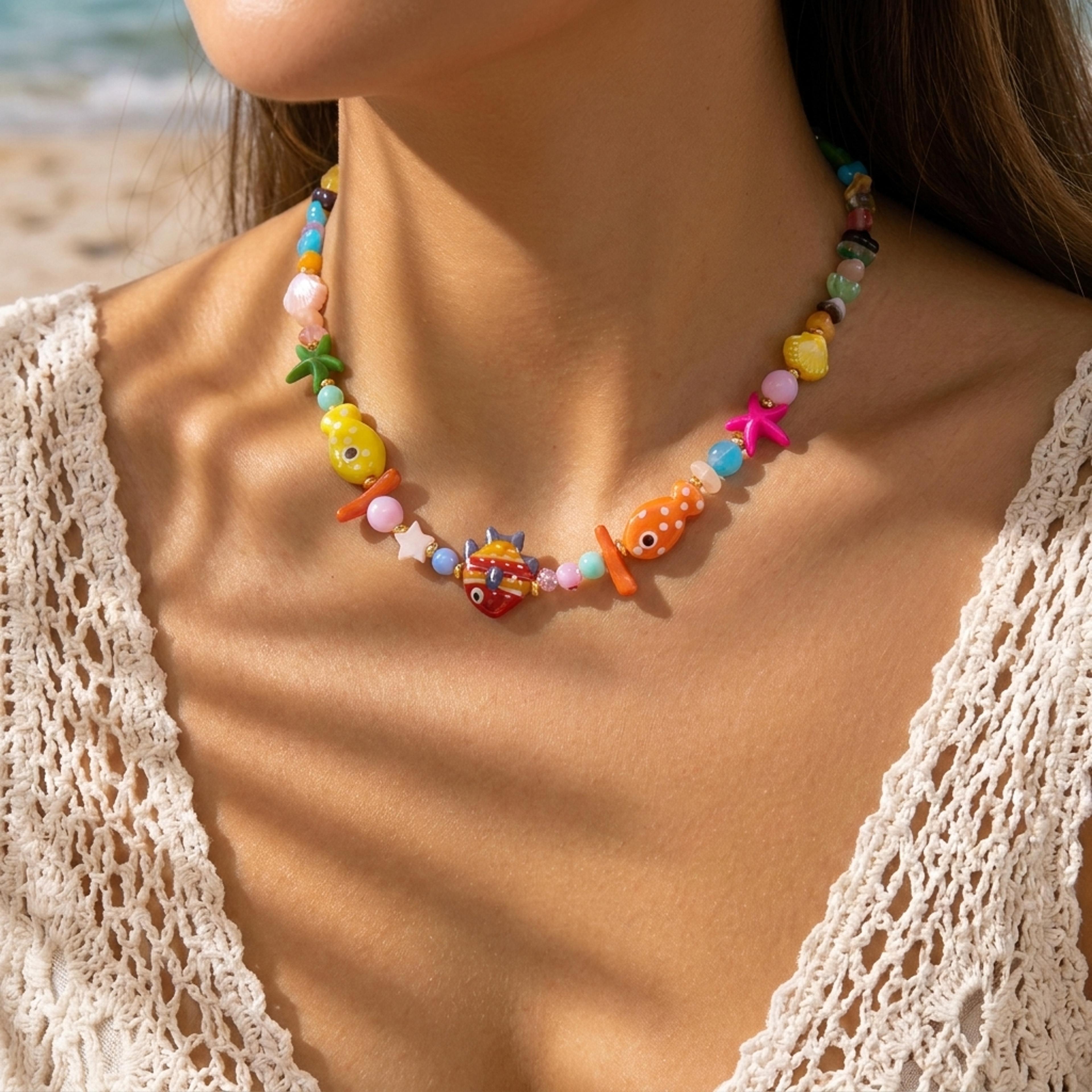 colorful ceramic ocean charm beaded choker necklace for women boho beach style vacation jewelry
