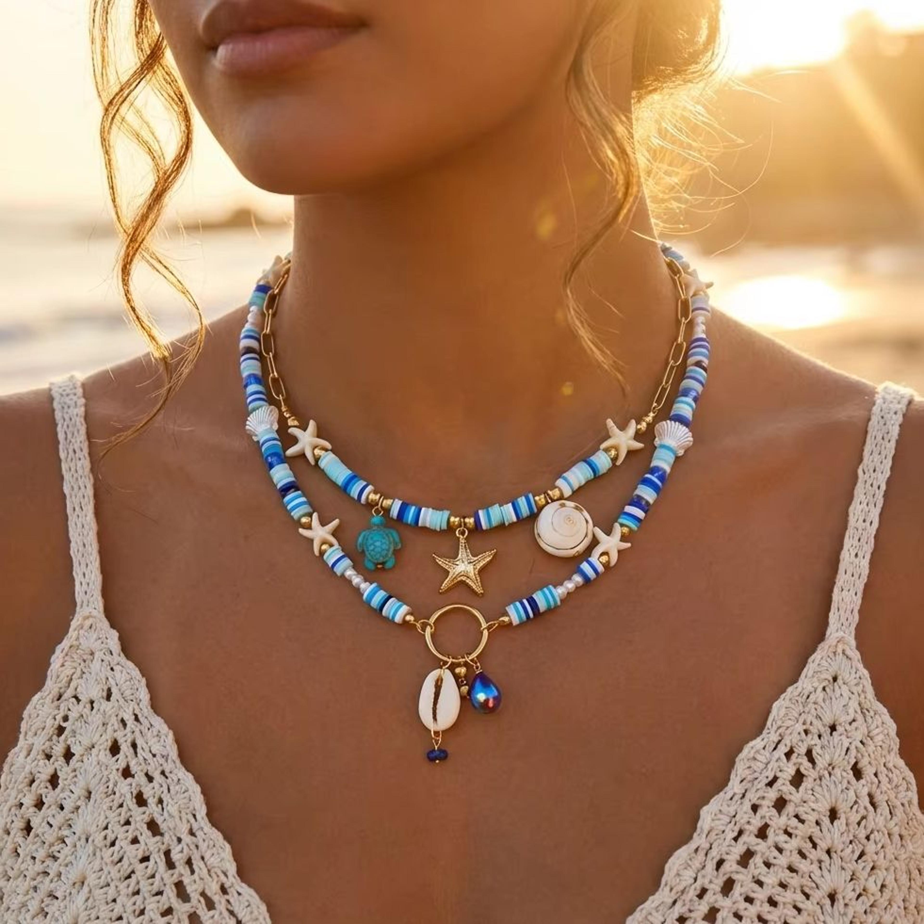 bohemian layered shell starfish and turtle necklace for women handmade ocean inspired summer beach jewelry