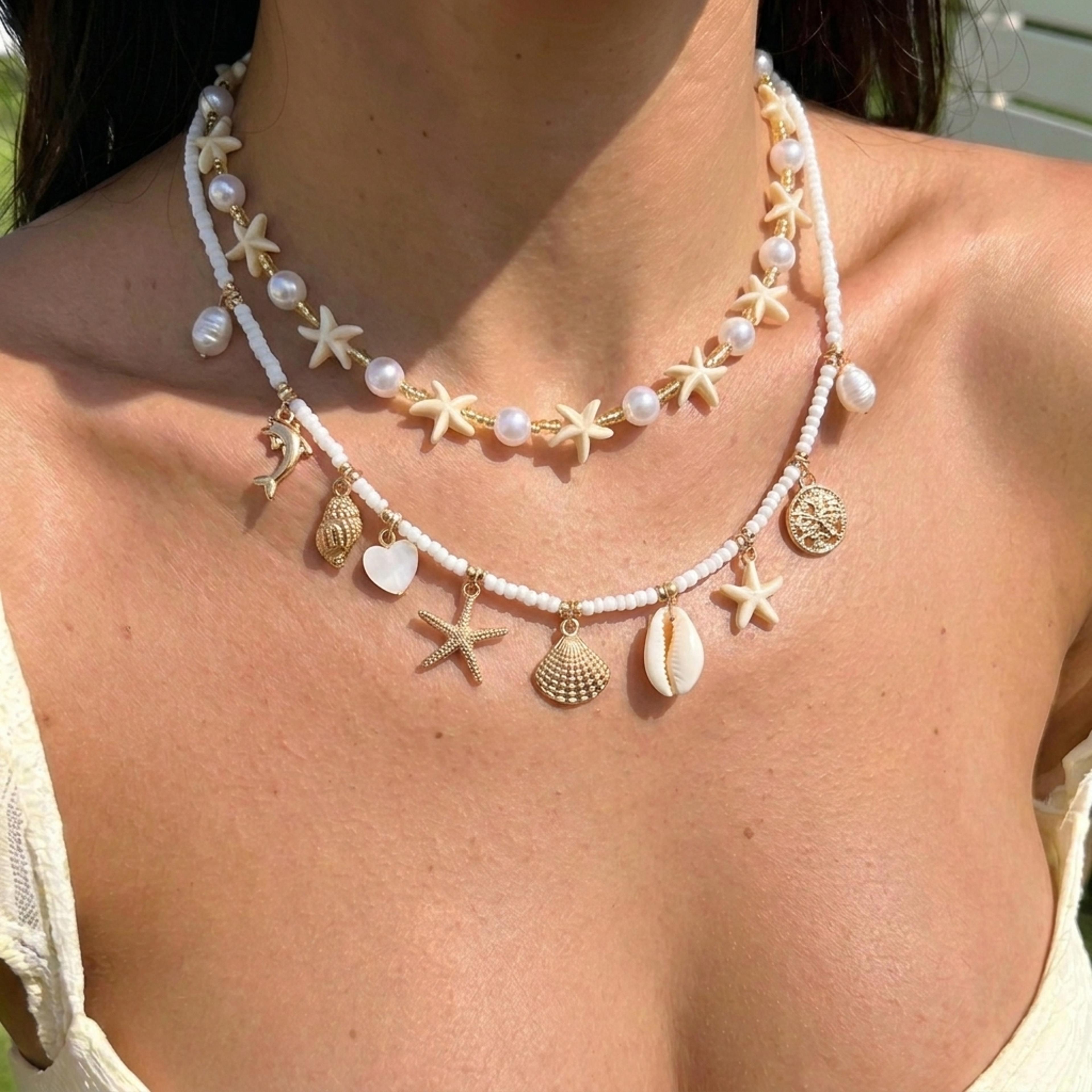 boho shell necklace double layered beach choker with imitation pearl and conch pendant