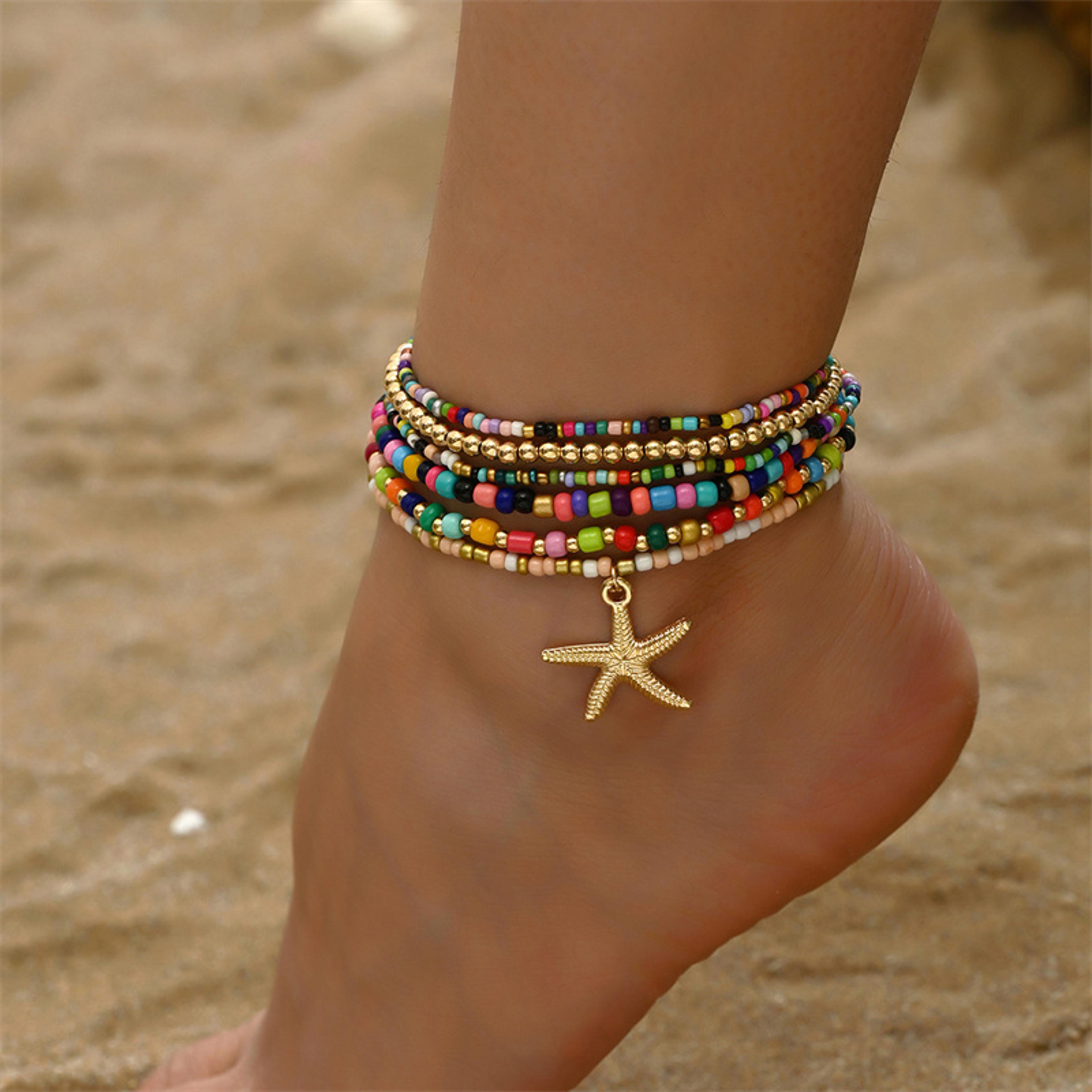 boho multilayer rice bead anklet set with starfish pendant – summer beach jewelry for women