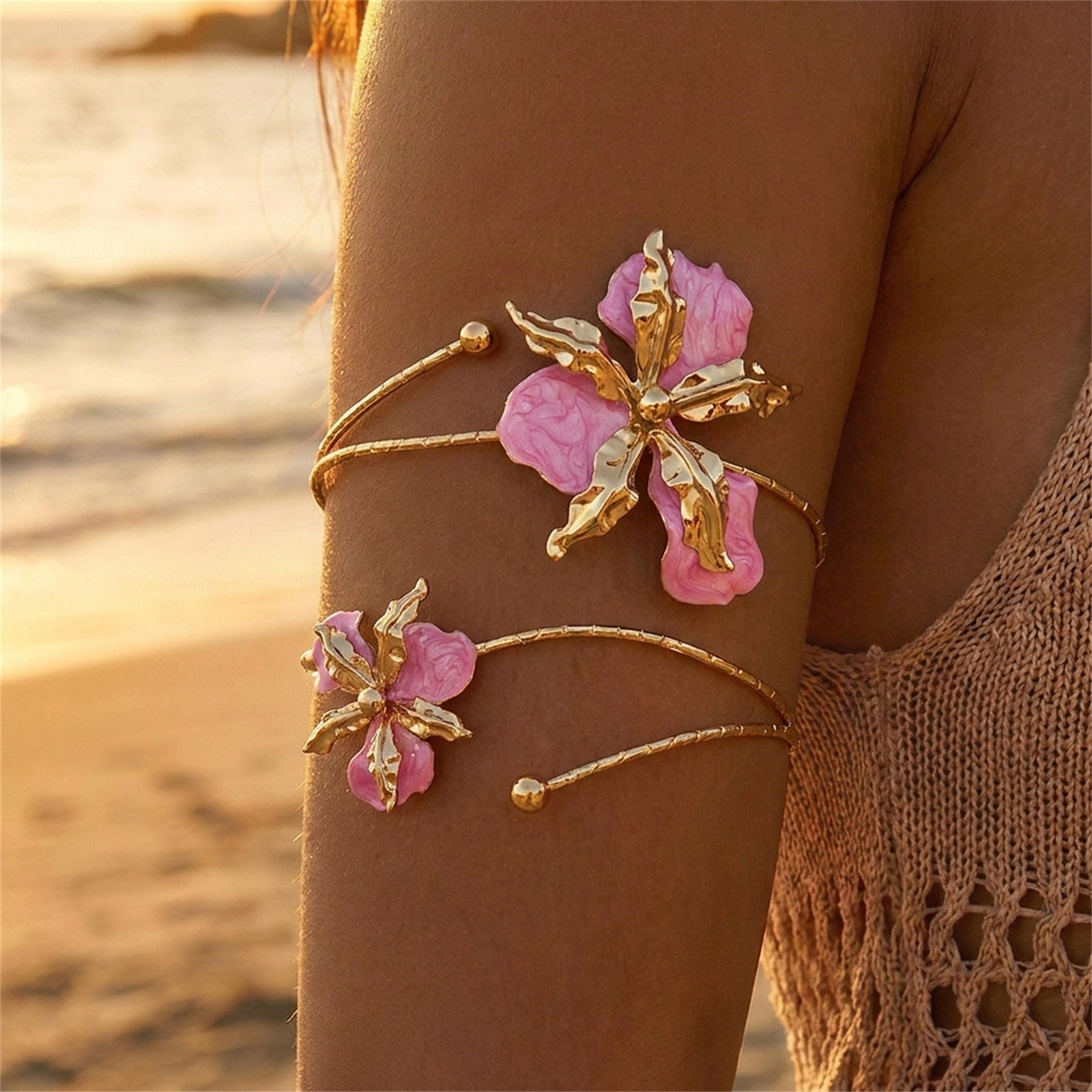 boho floral open cuff armlet: adjustable vintage enamel flower upper arm bracelet for bohemian beach jewelry