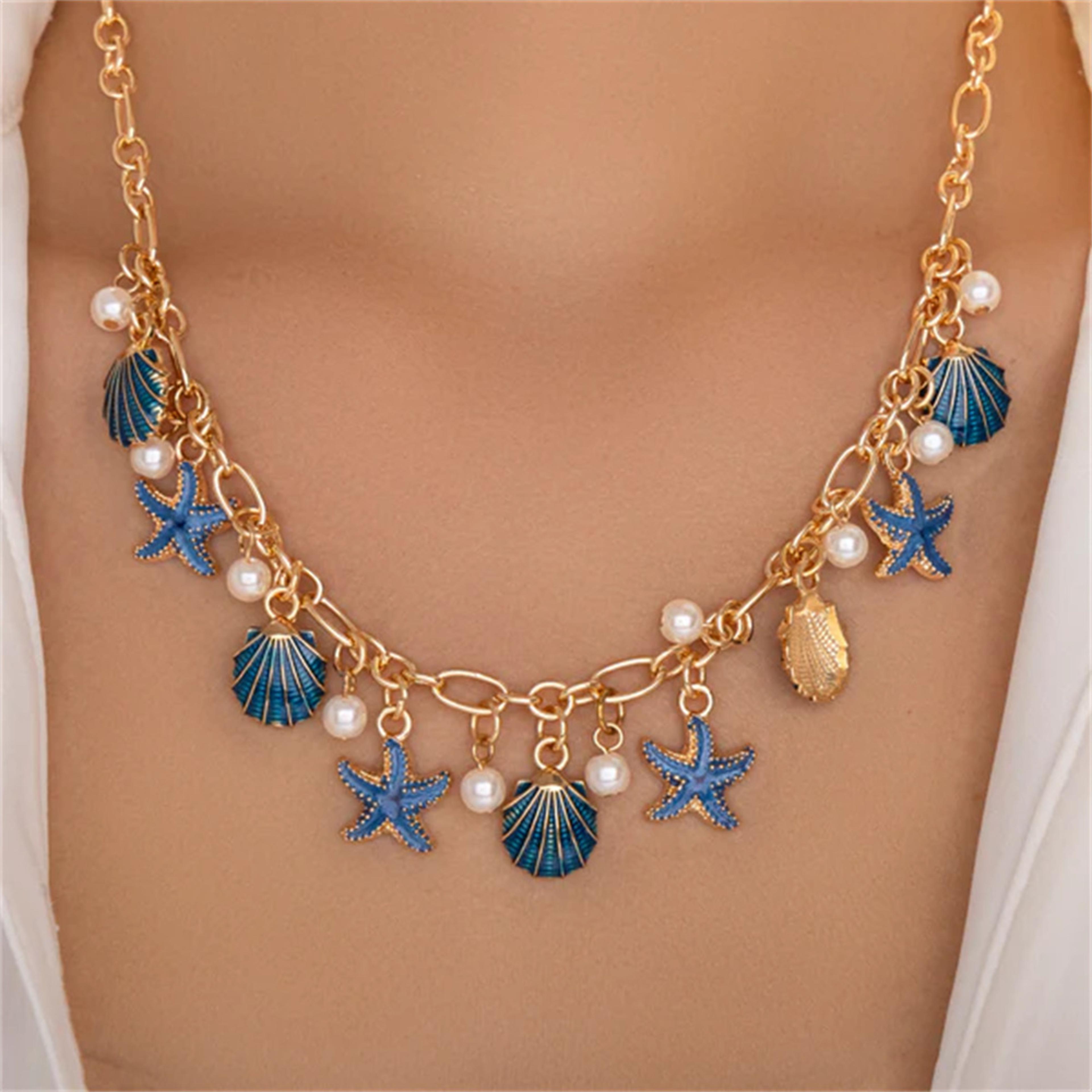 boho beach necklace: layered pearl choker with starfish pendant and tassel chain for coastal summer aesthetic