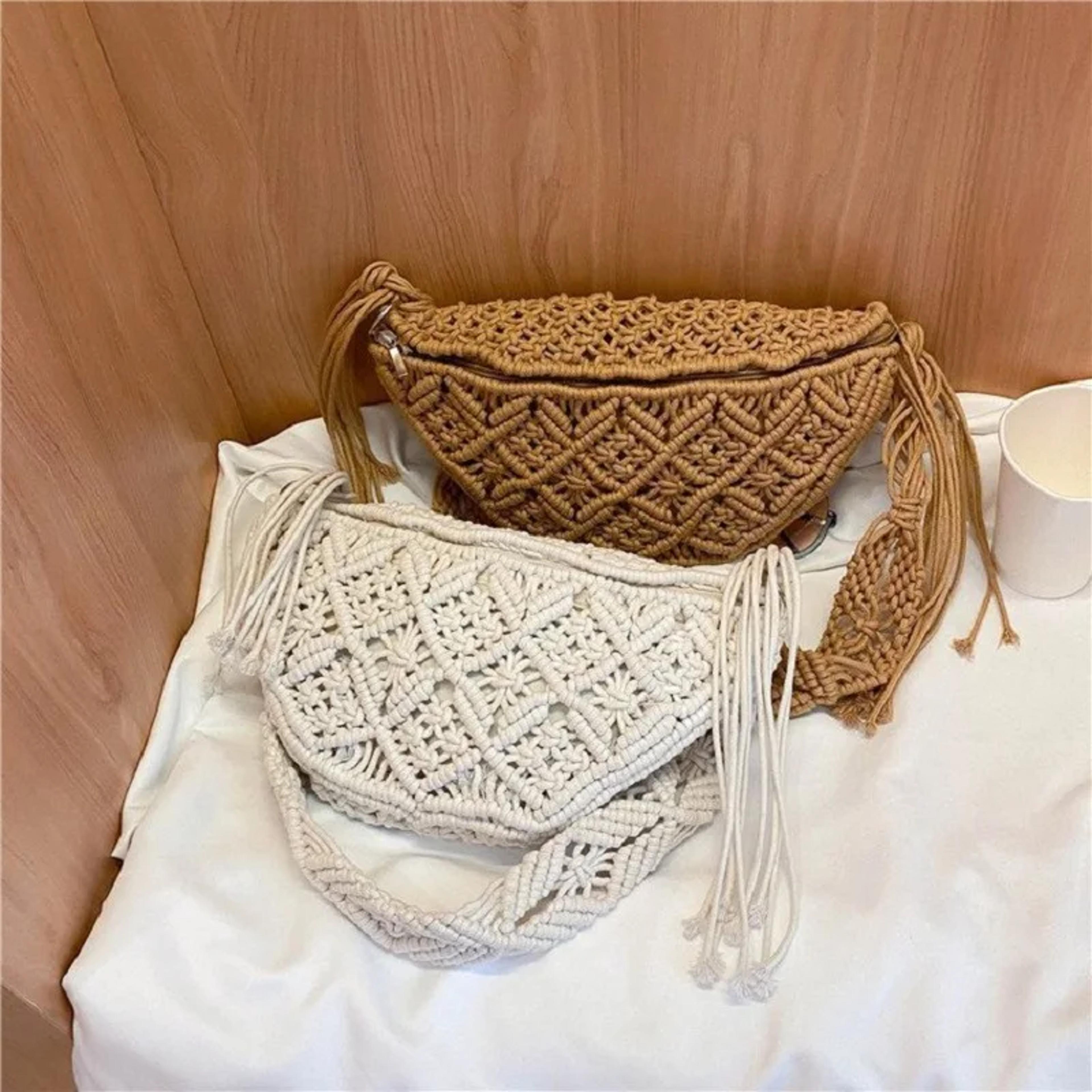 bohemian crochet waist bag: ethnic style summer beach knitted bag & woven shoulder bag