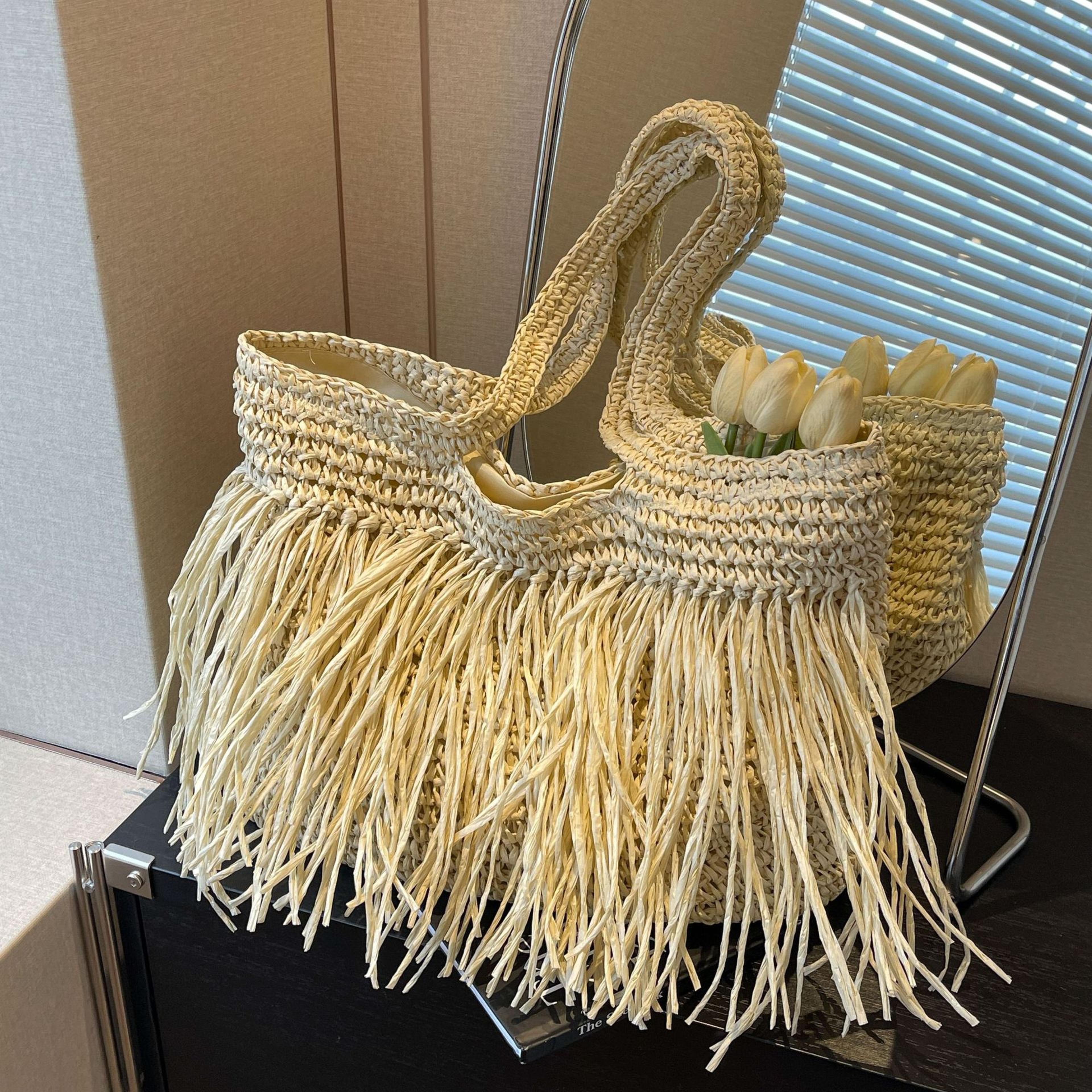 bohemian woven shoulder bag: handmade fringe large beach tote for summer vacation