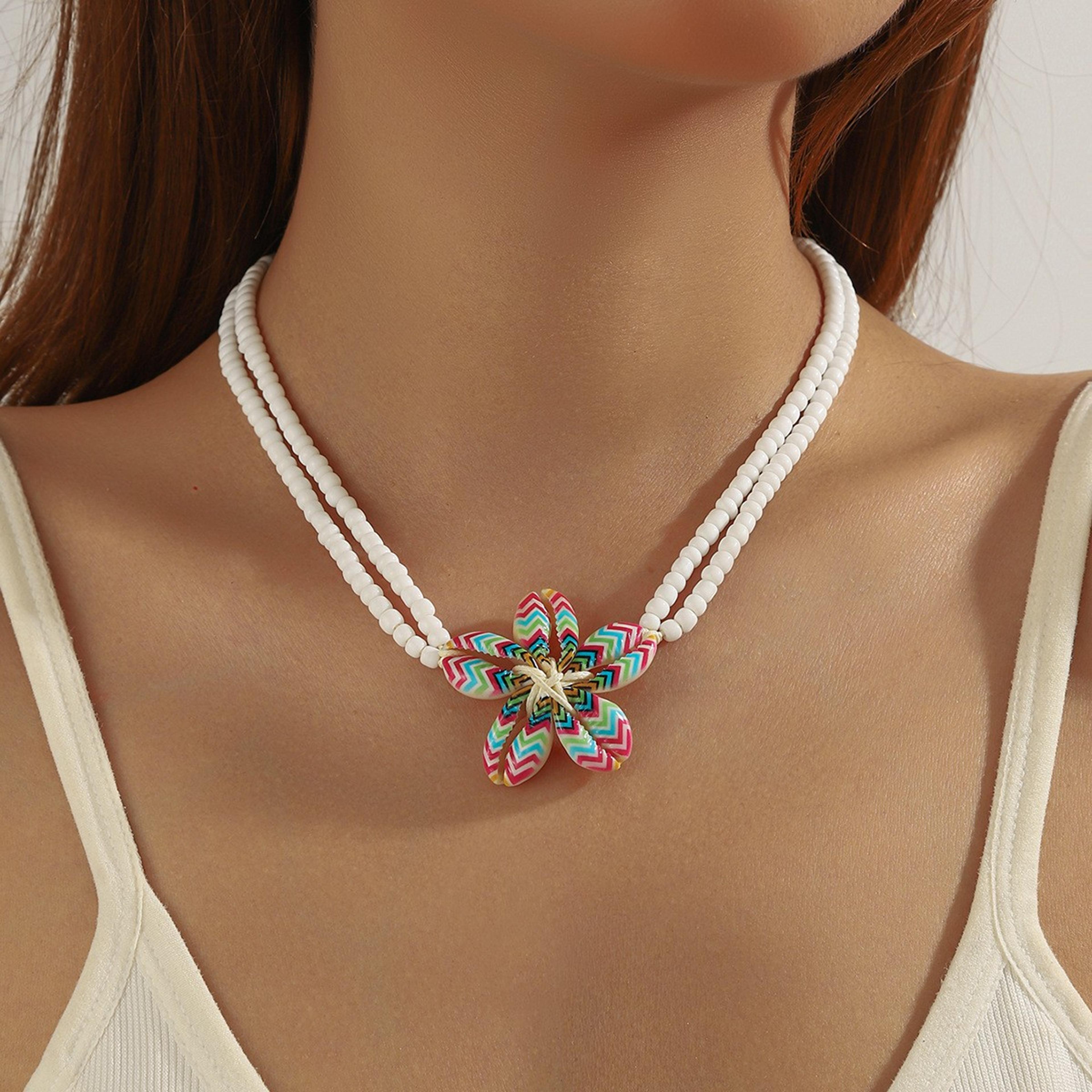 bohemian shell necklace: handwoven glass bead beach jewelry