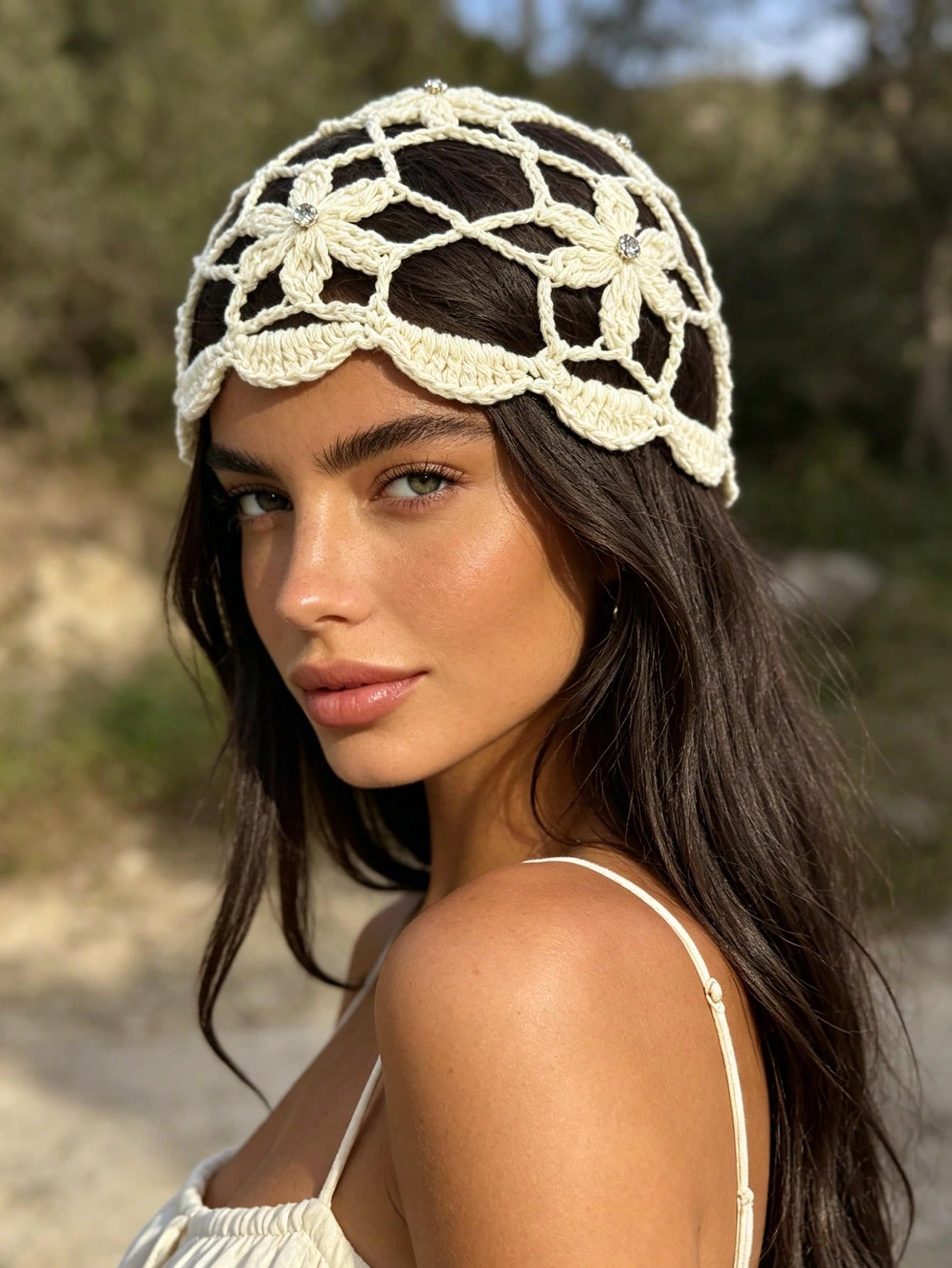 bohemian rhinestone knitted beanie with hollow flower detail