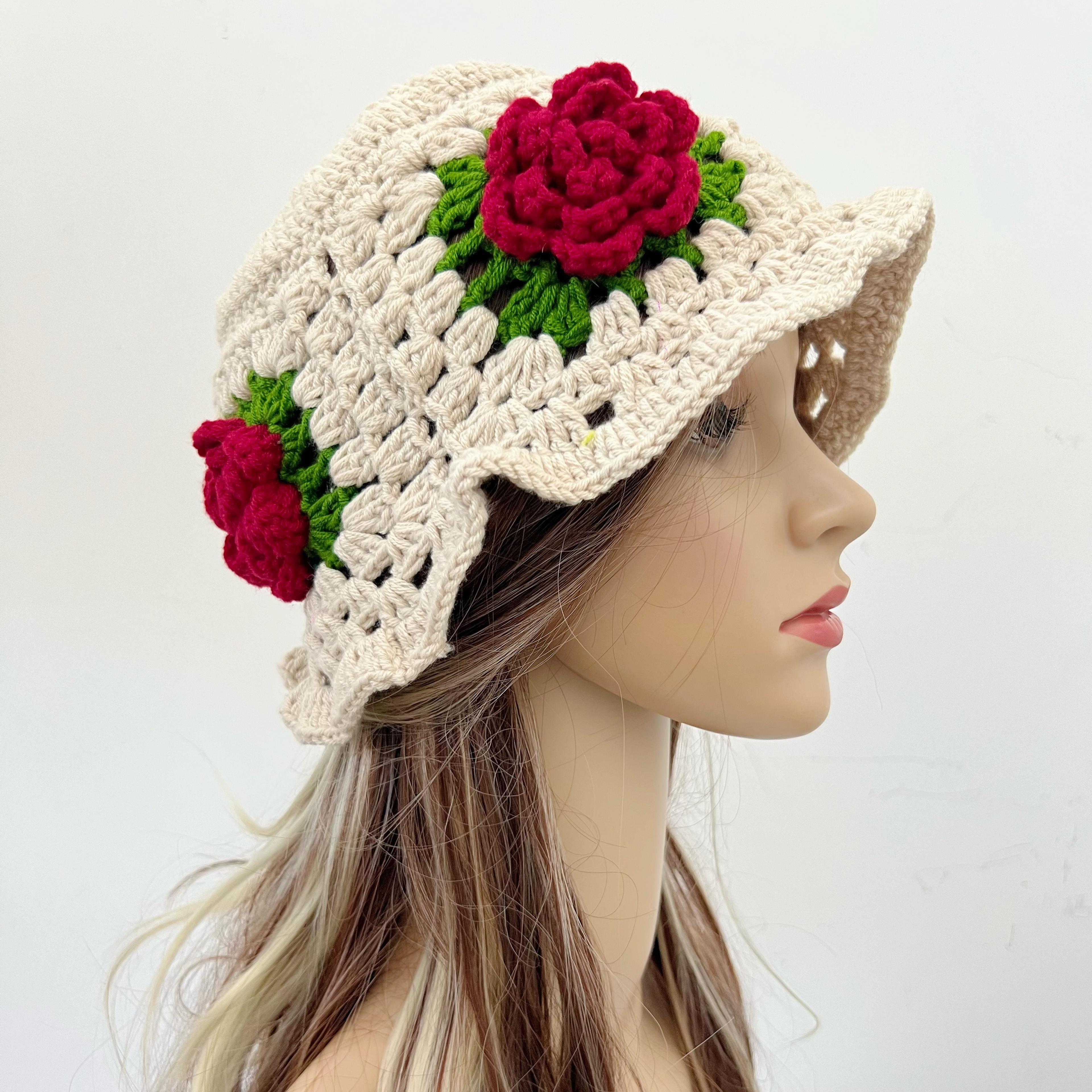 handmade flower knitted bucket hat for women retro winter fisherman cap