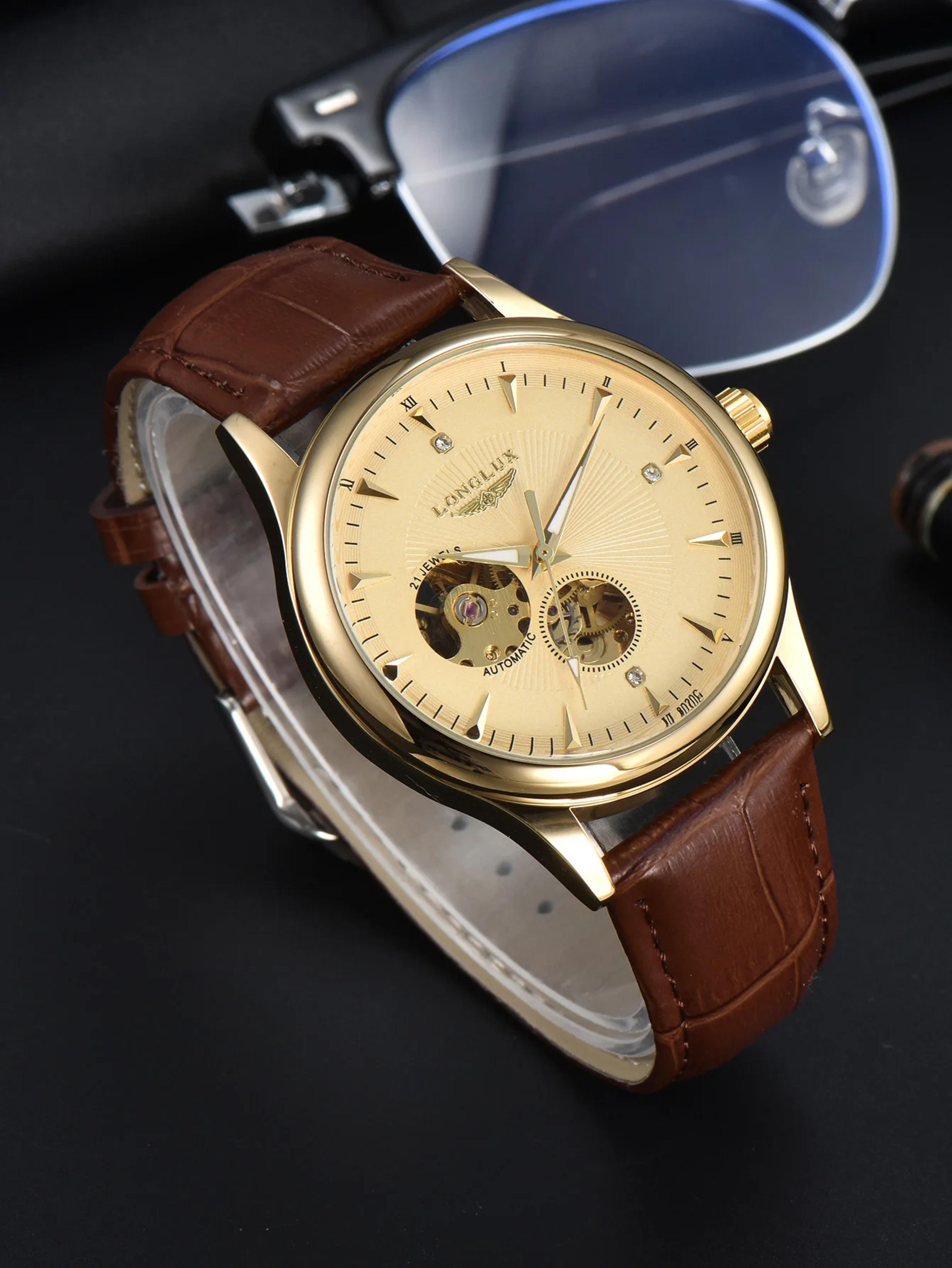 automatic skeleton mechanical watch for men with roman numeral dial