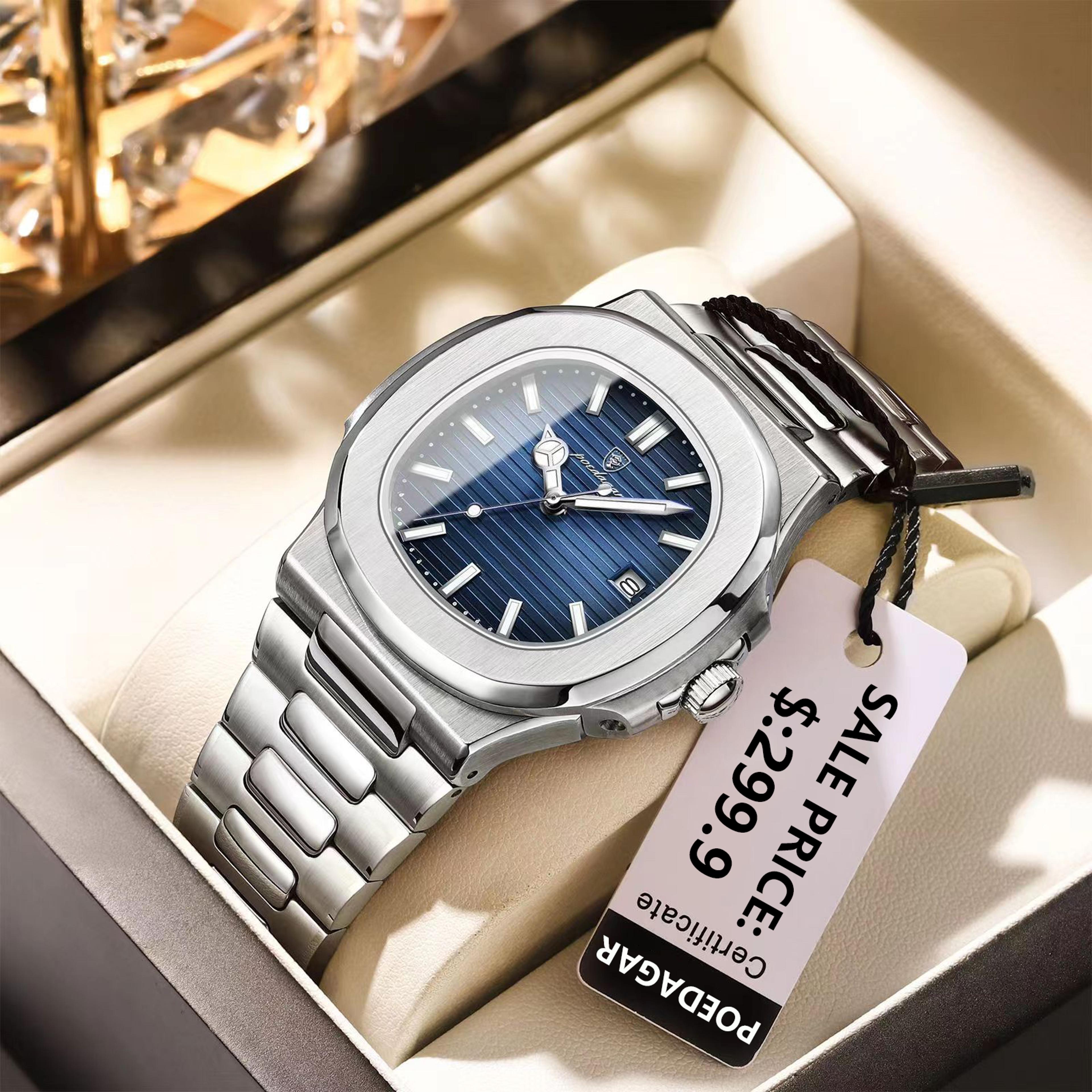 luxury square men's quartz wristwatch: stainless steel waterproof business & sports watch