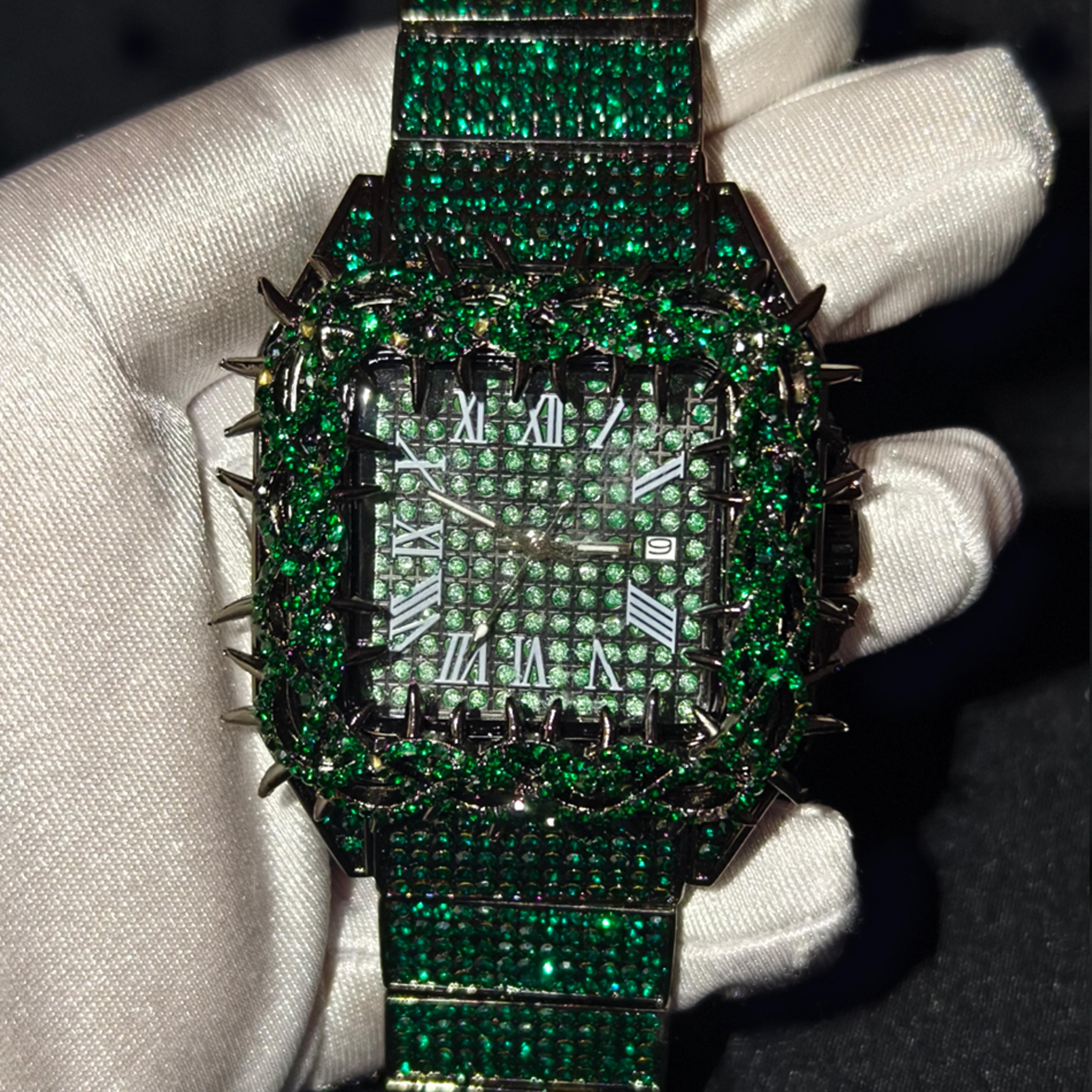 luxury gold iced out hip hop watch with emerald accents diamond style mens quartz wristwatch