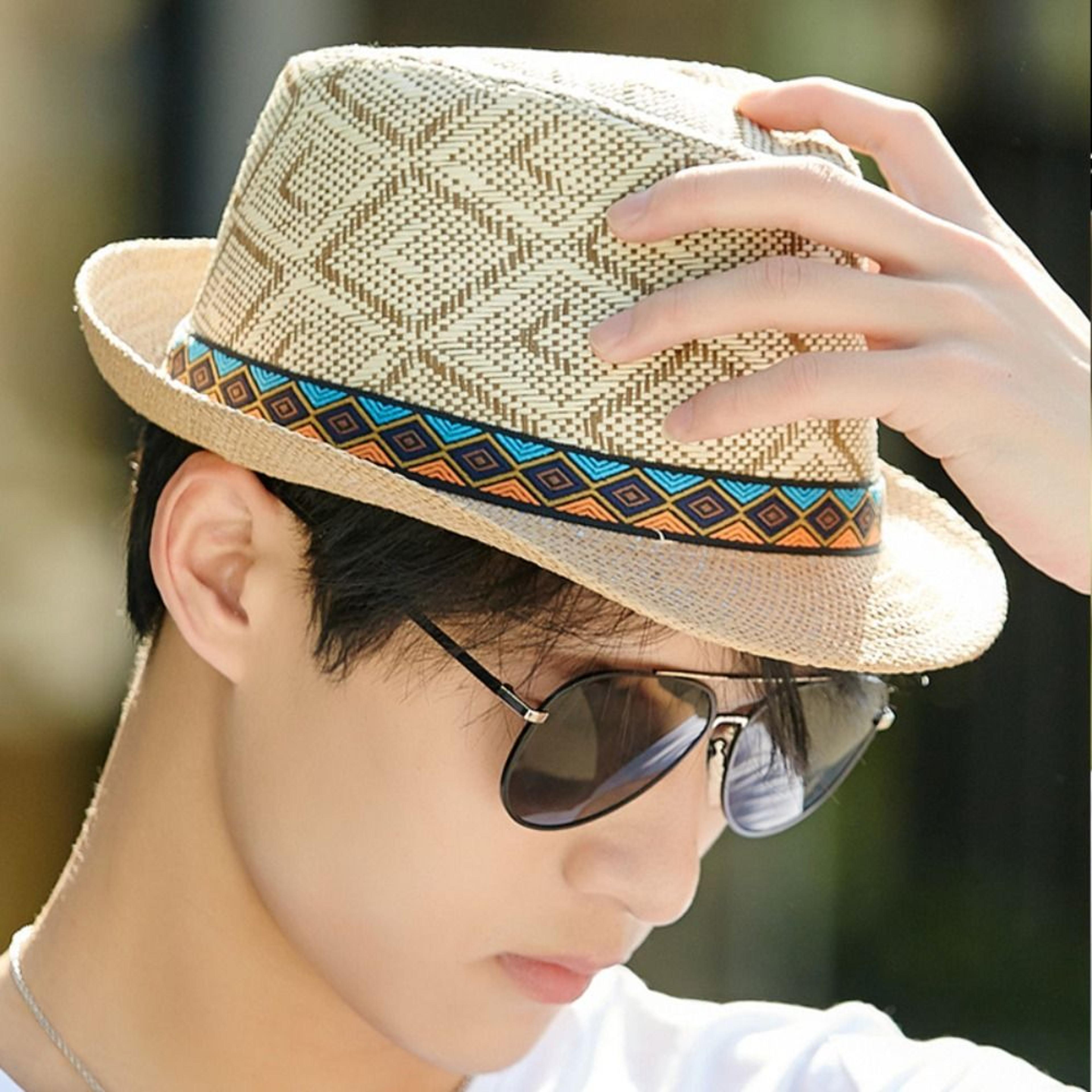men's straw panama hat with plaid band and sun protection