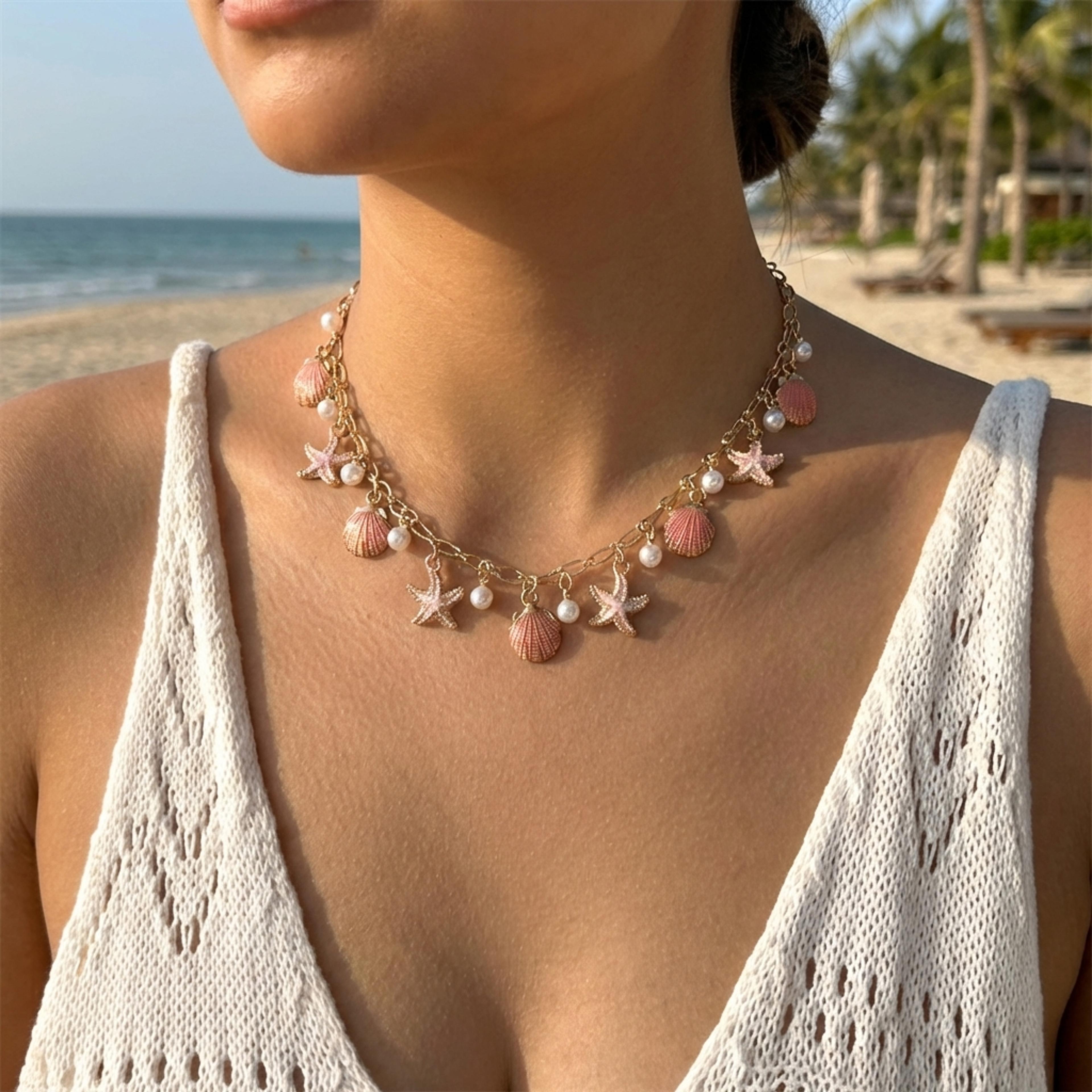 boho starfish shell pearl tassel conch pendant choker necklace