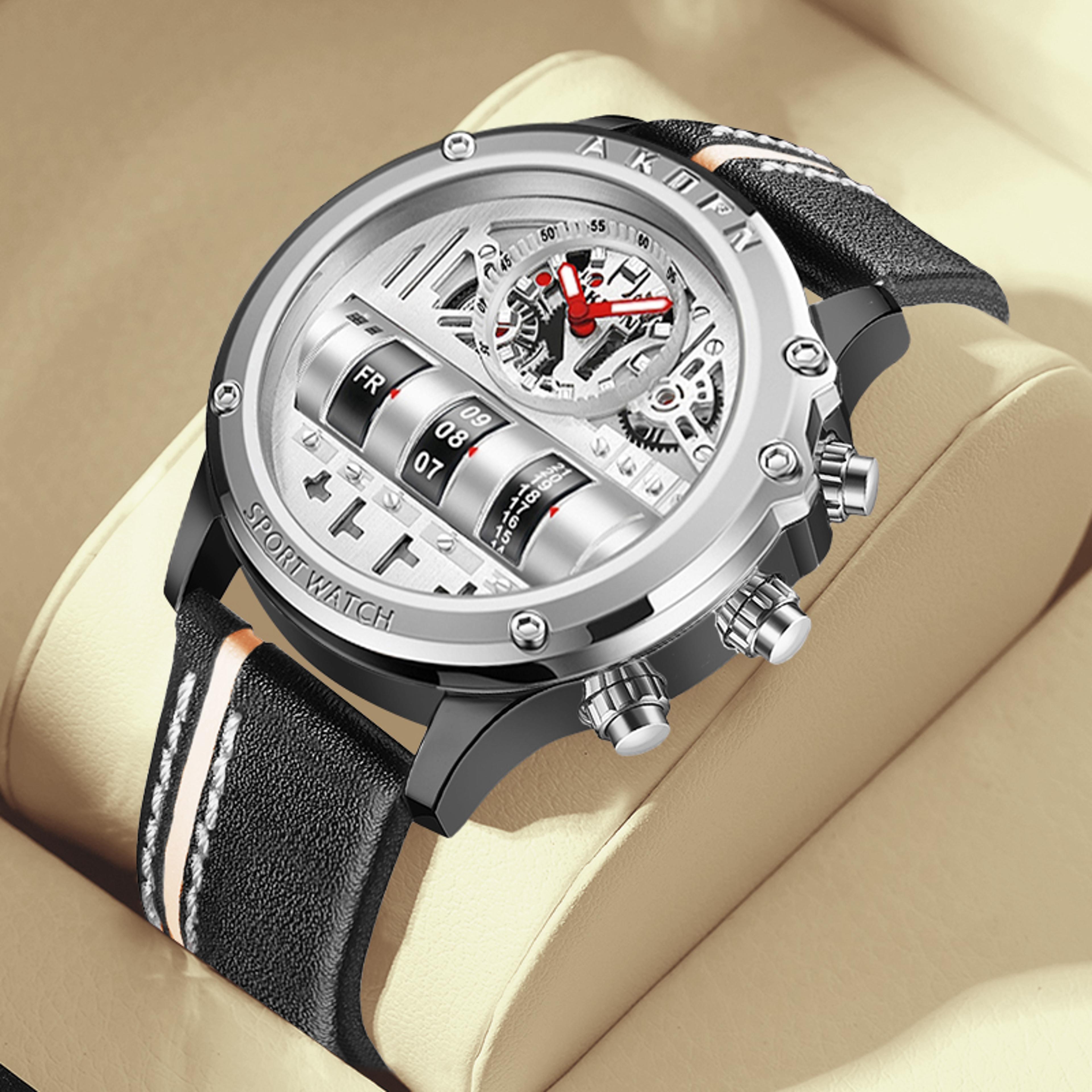 luxury mens quartz watch with creative rotating date and genuine leather strap