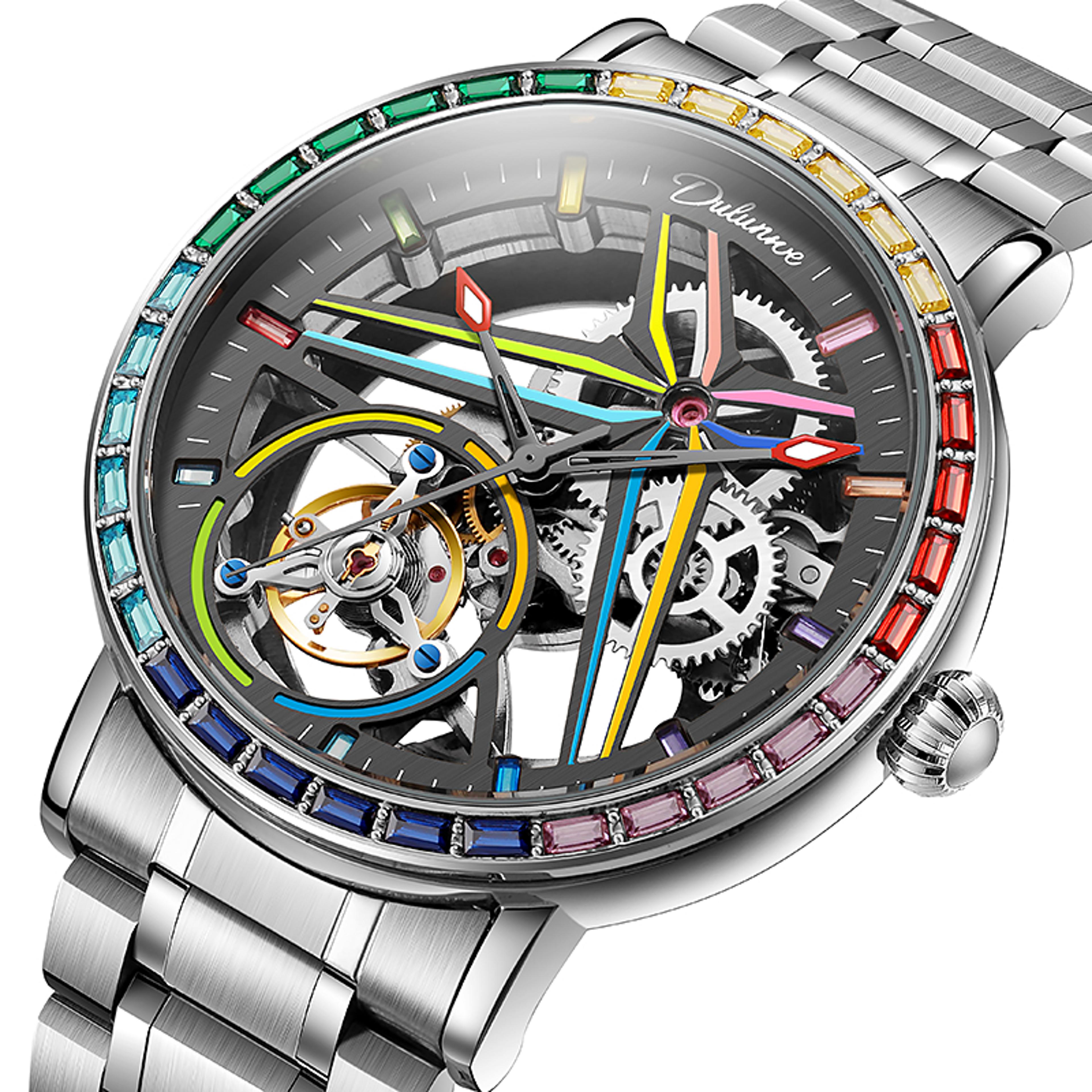 rainbow colored gemstone tourbillon skeleton automatic mechanical watch for men