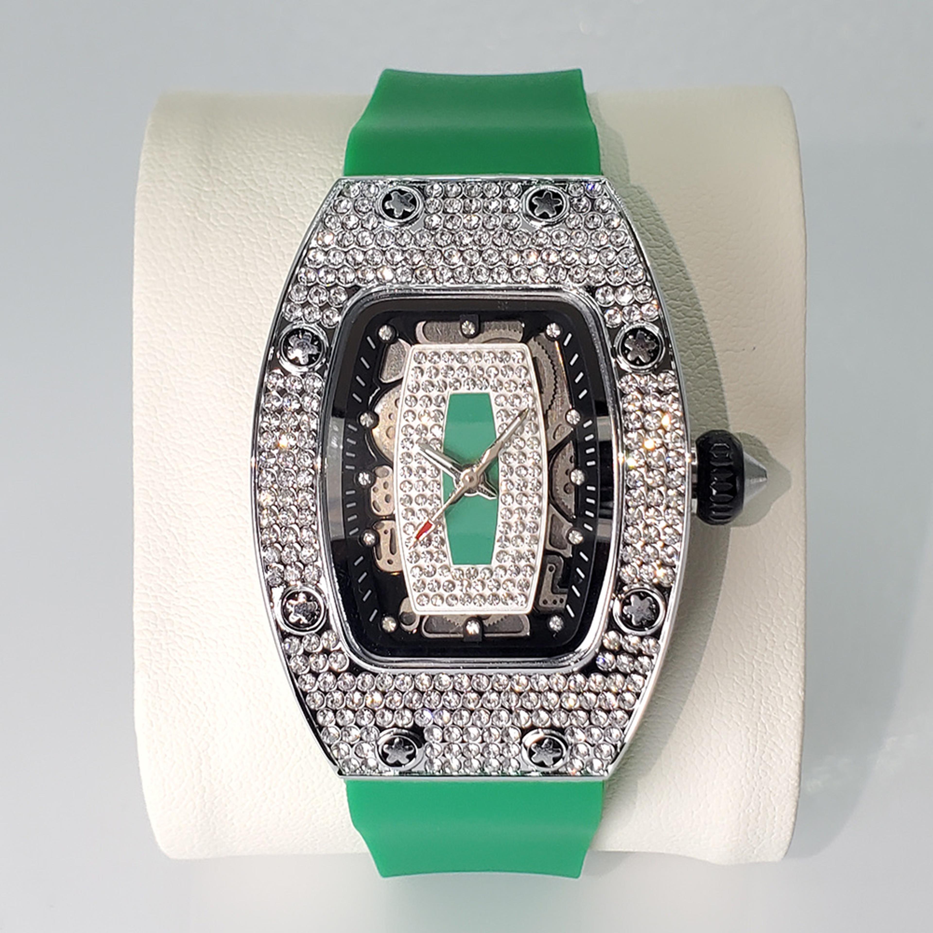 elegant tonneau watch for women featuring dazzling iced out watch details and a comfortable rubber strap watch design.