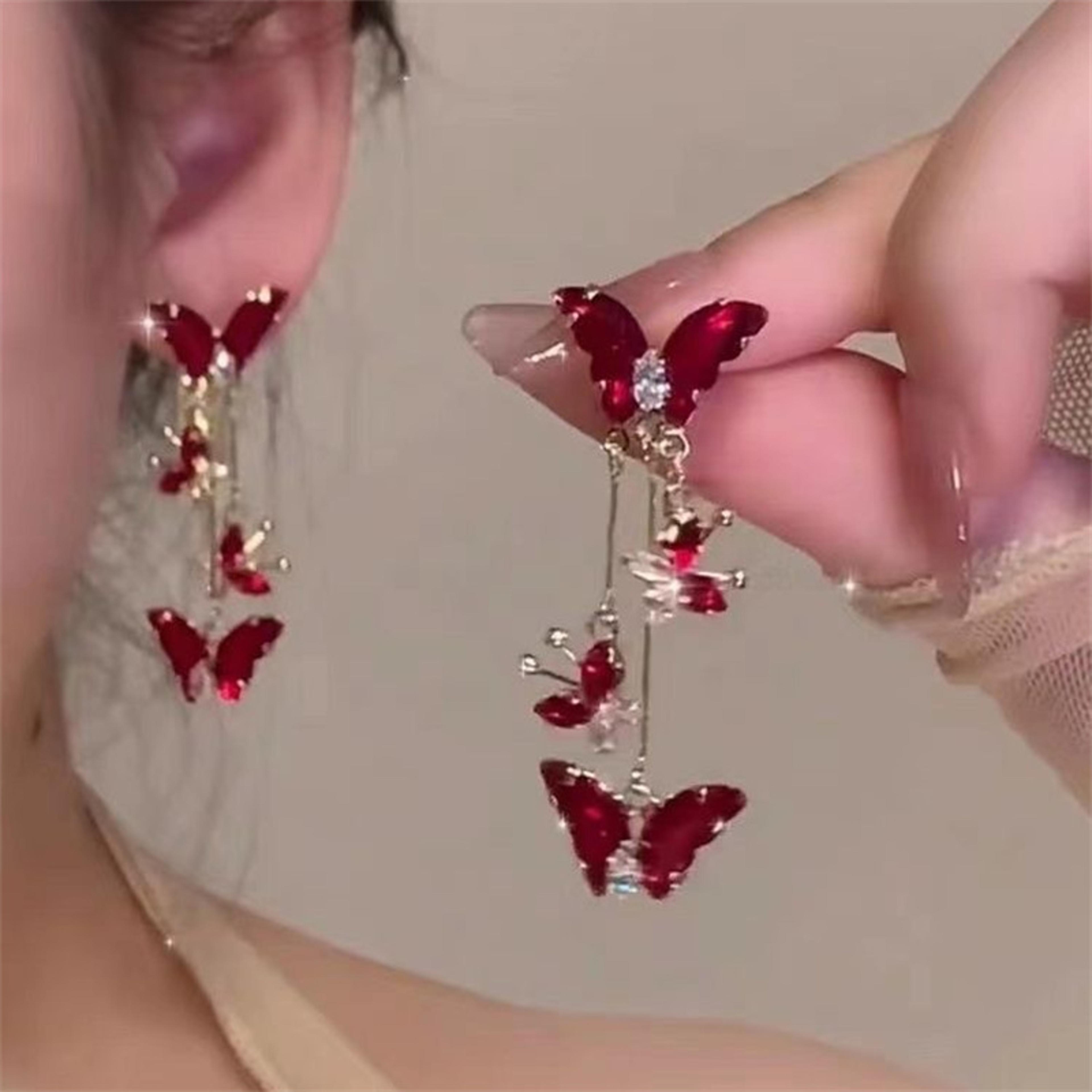 red zircon butterfly drop earrings for women