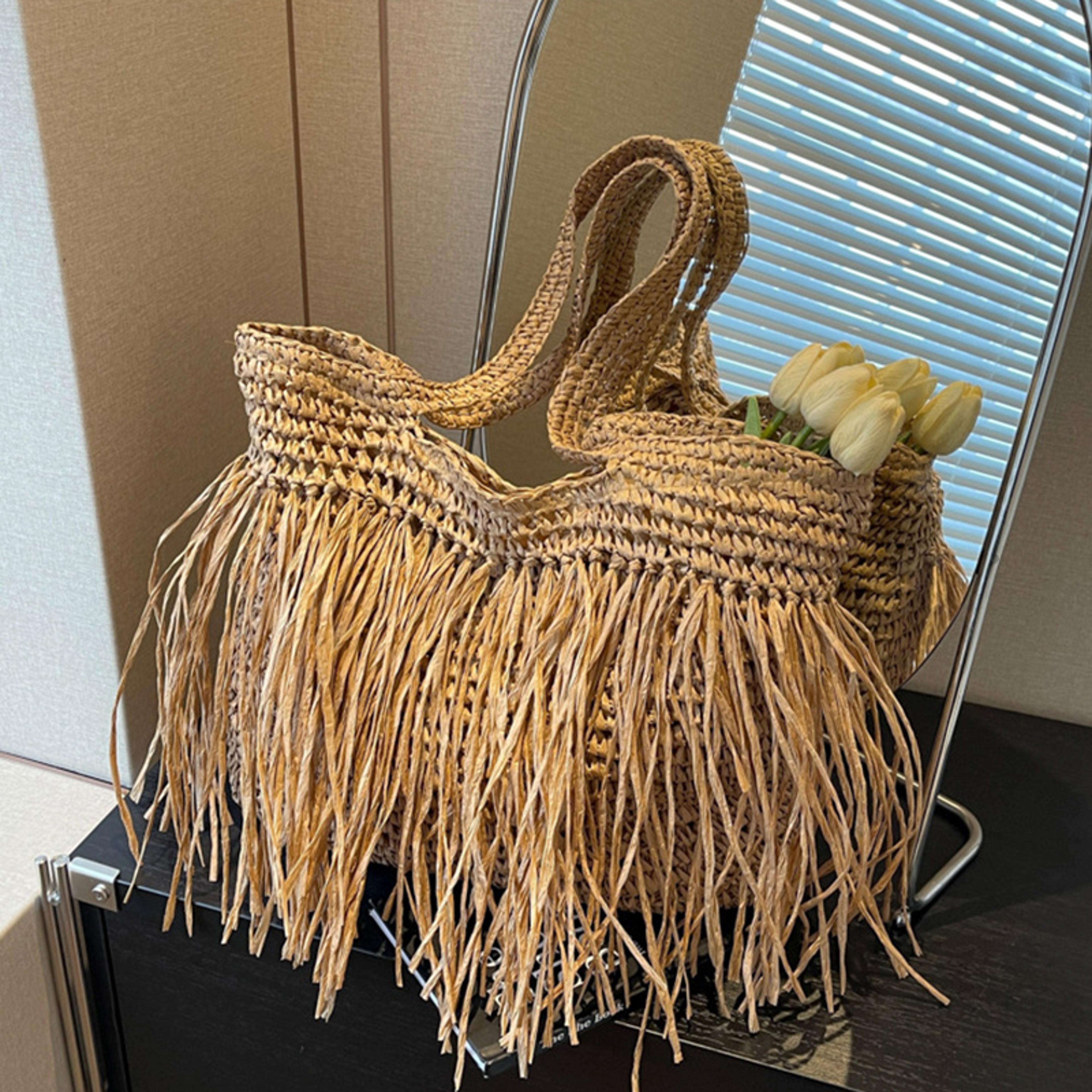 bohemian woven shoulder bag summer beach tote and fringe handbag