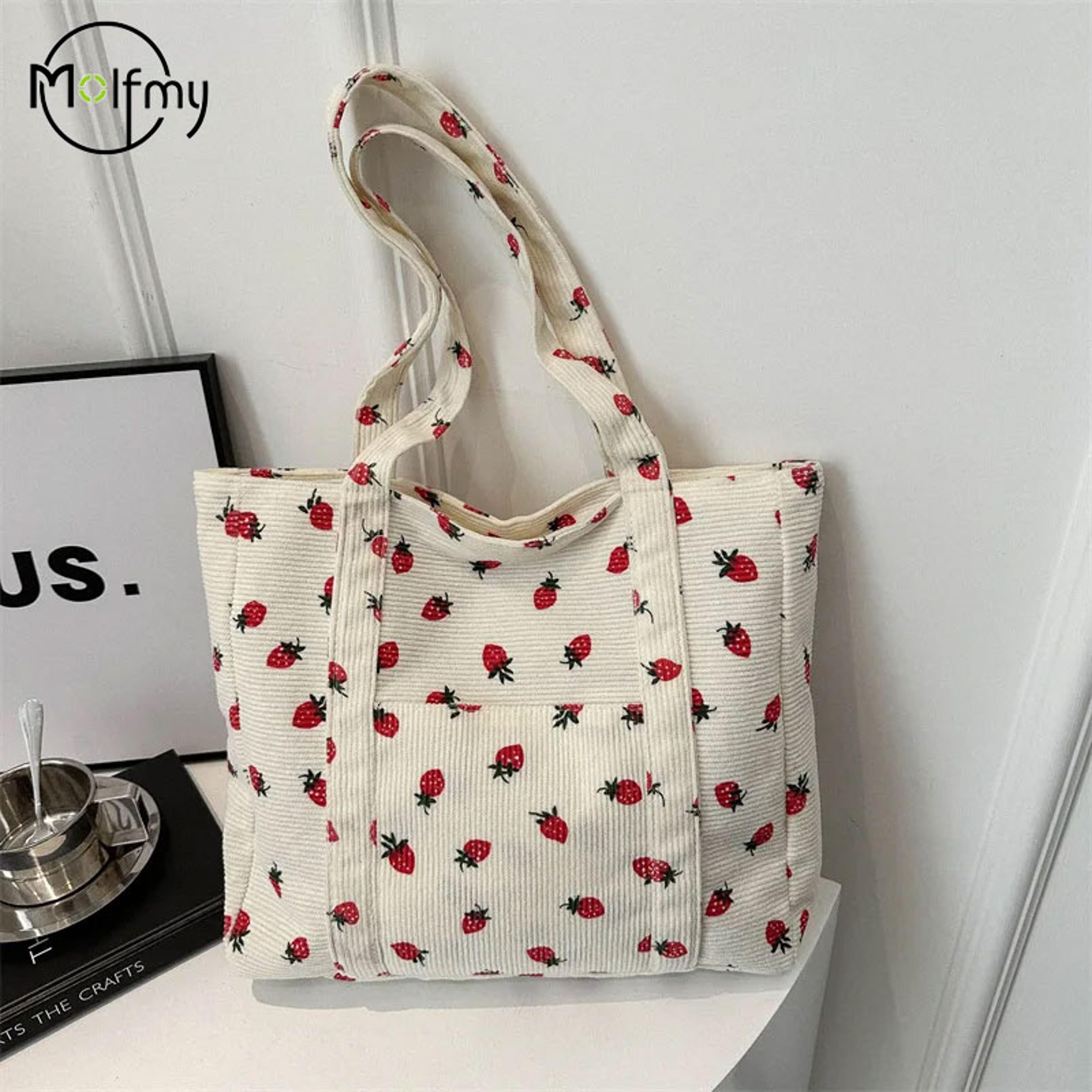 sweet strawberry corduroy large capacity commuter tote bag