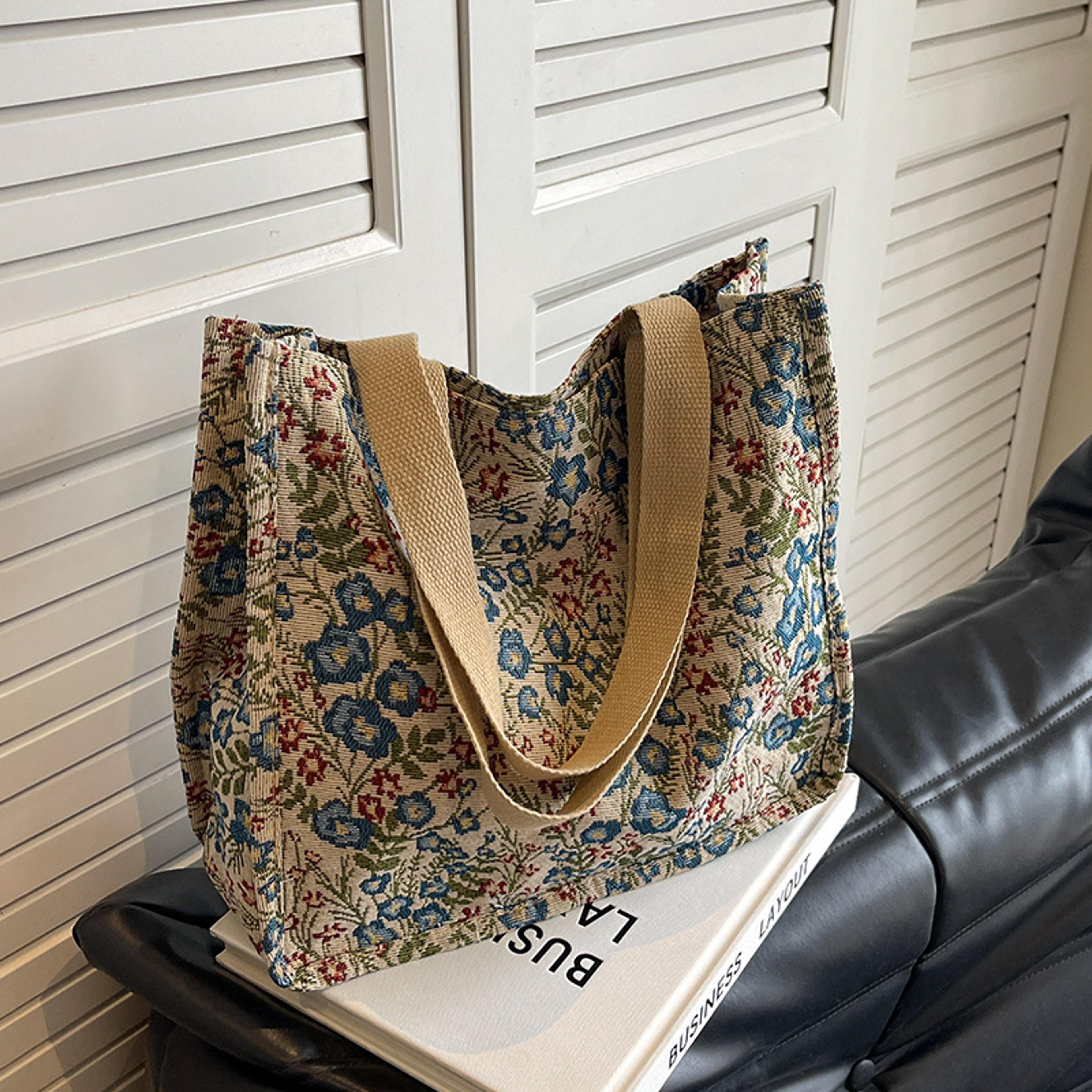 floral flax tote bag large capacity casual handbag and lunch carrier