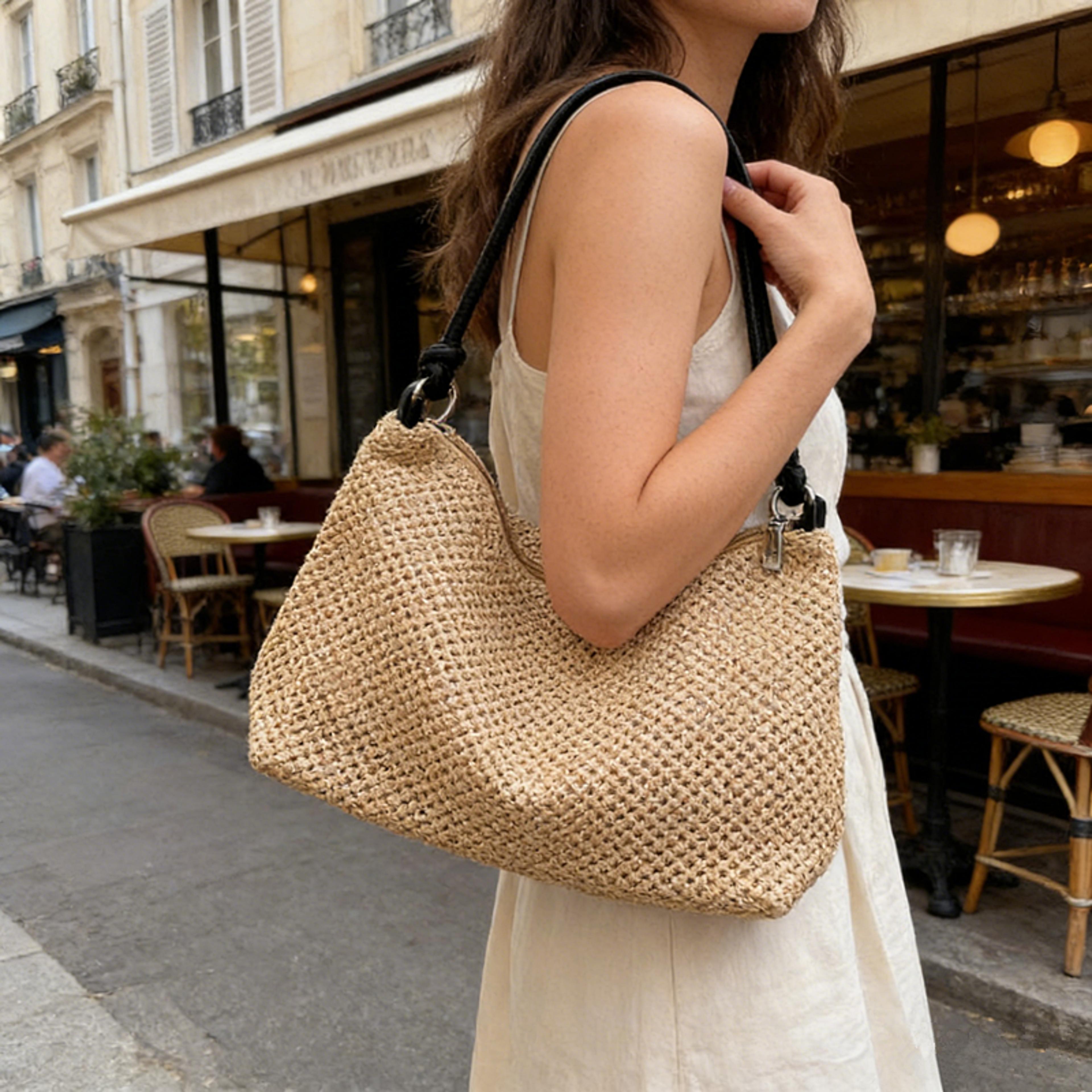 chic straw woven shoulder bag with knotted handles
