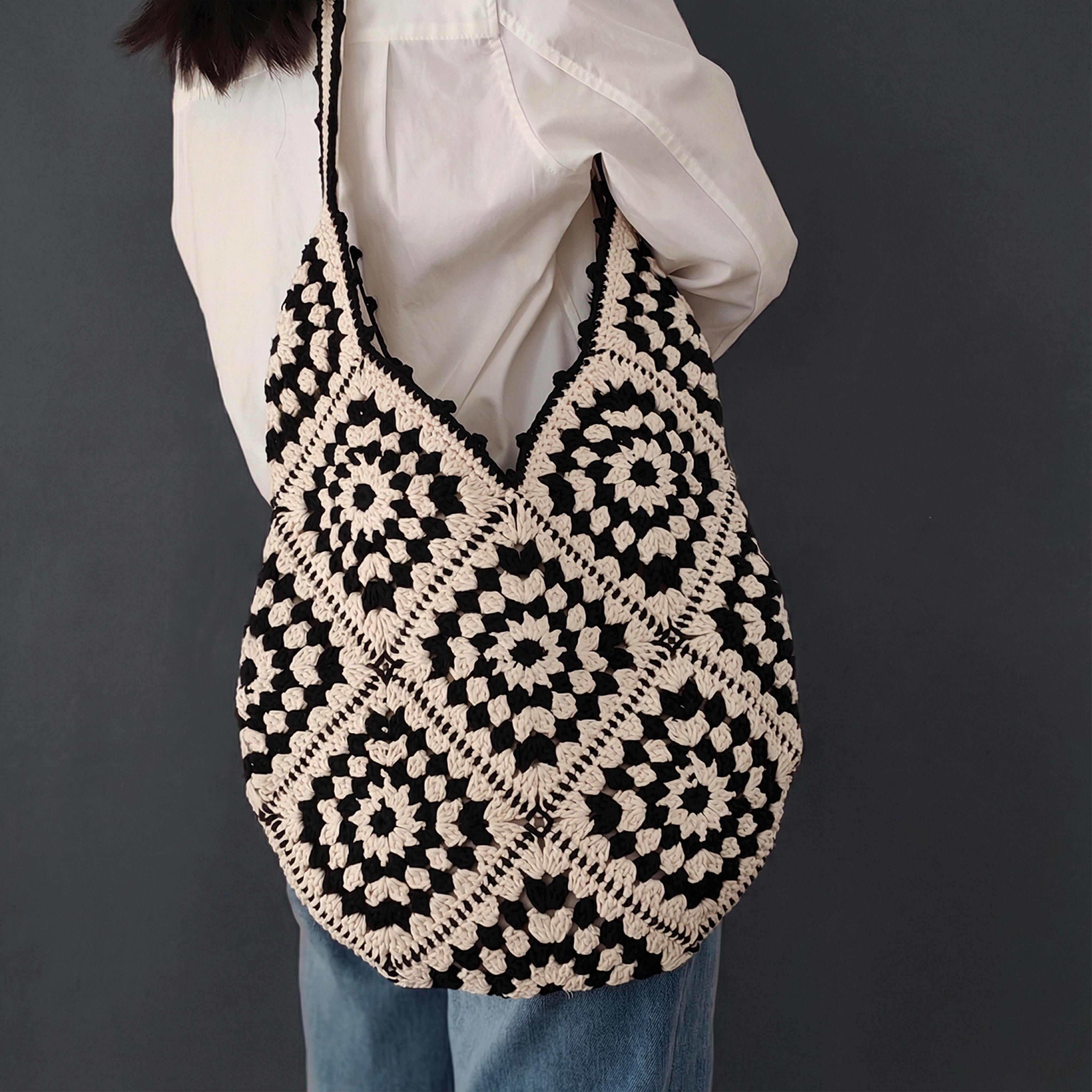 handmade crochet granny square shoulder bag retro black and white knitted tote